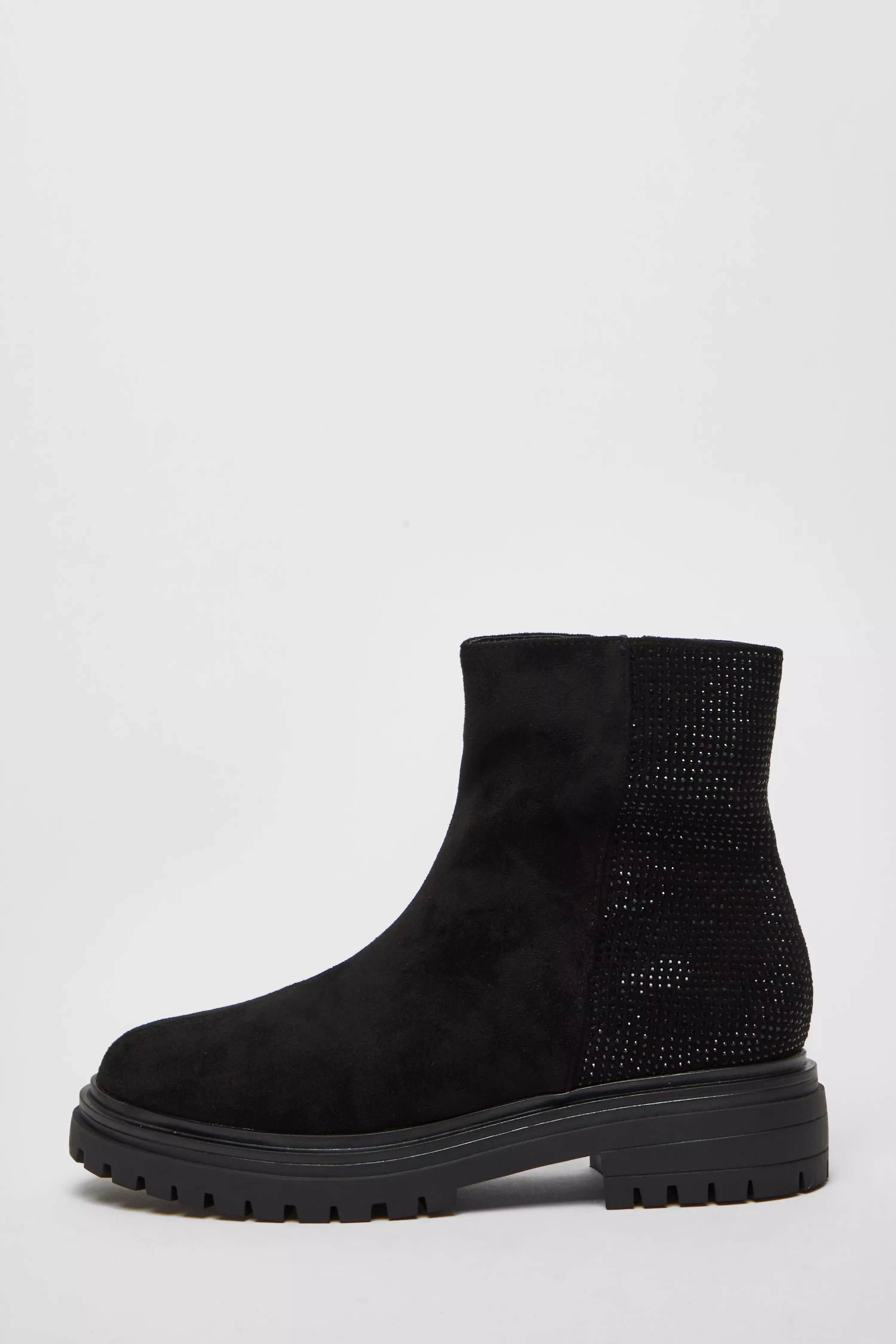 Black Diamante Faux Suede Ankle Boots