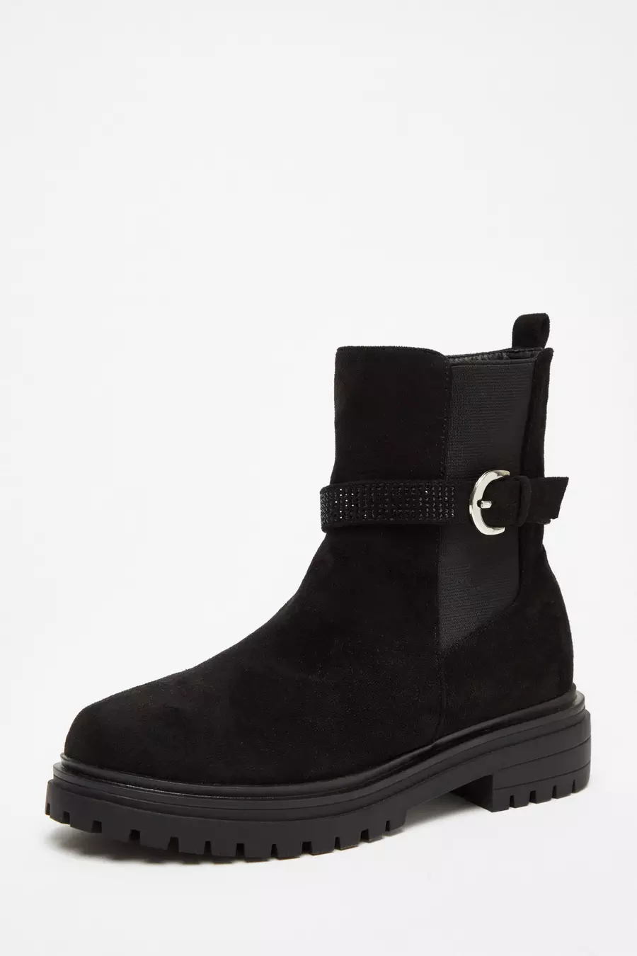 Black Diamante Chunky Buckle Boots QUIZ Clothing