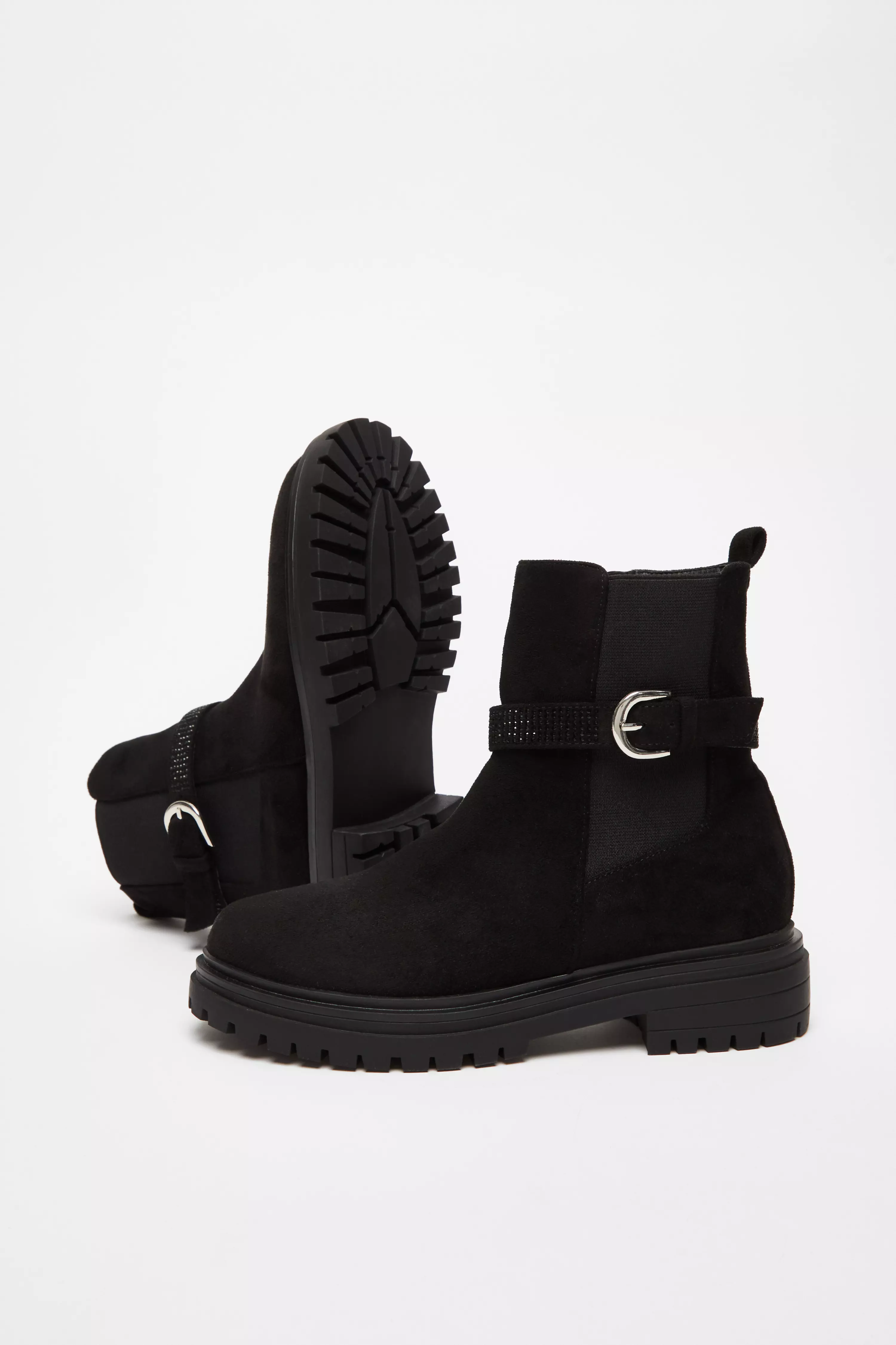 Black Diamante Chunky Buckle Boots