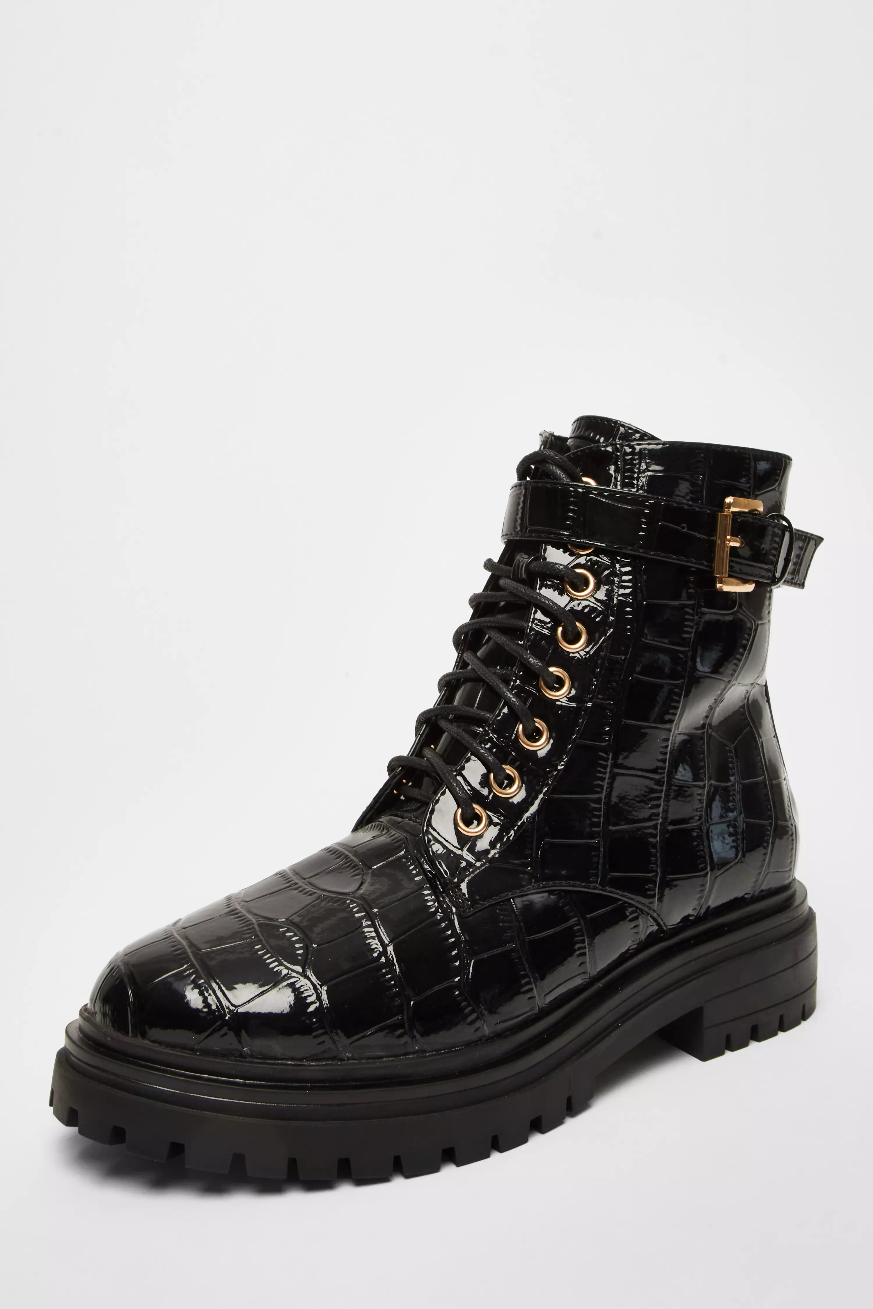 Black Faux Leather Croc Boots