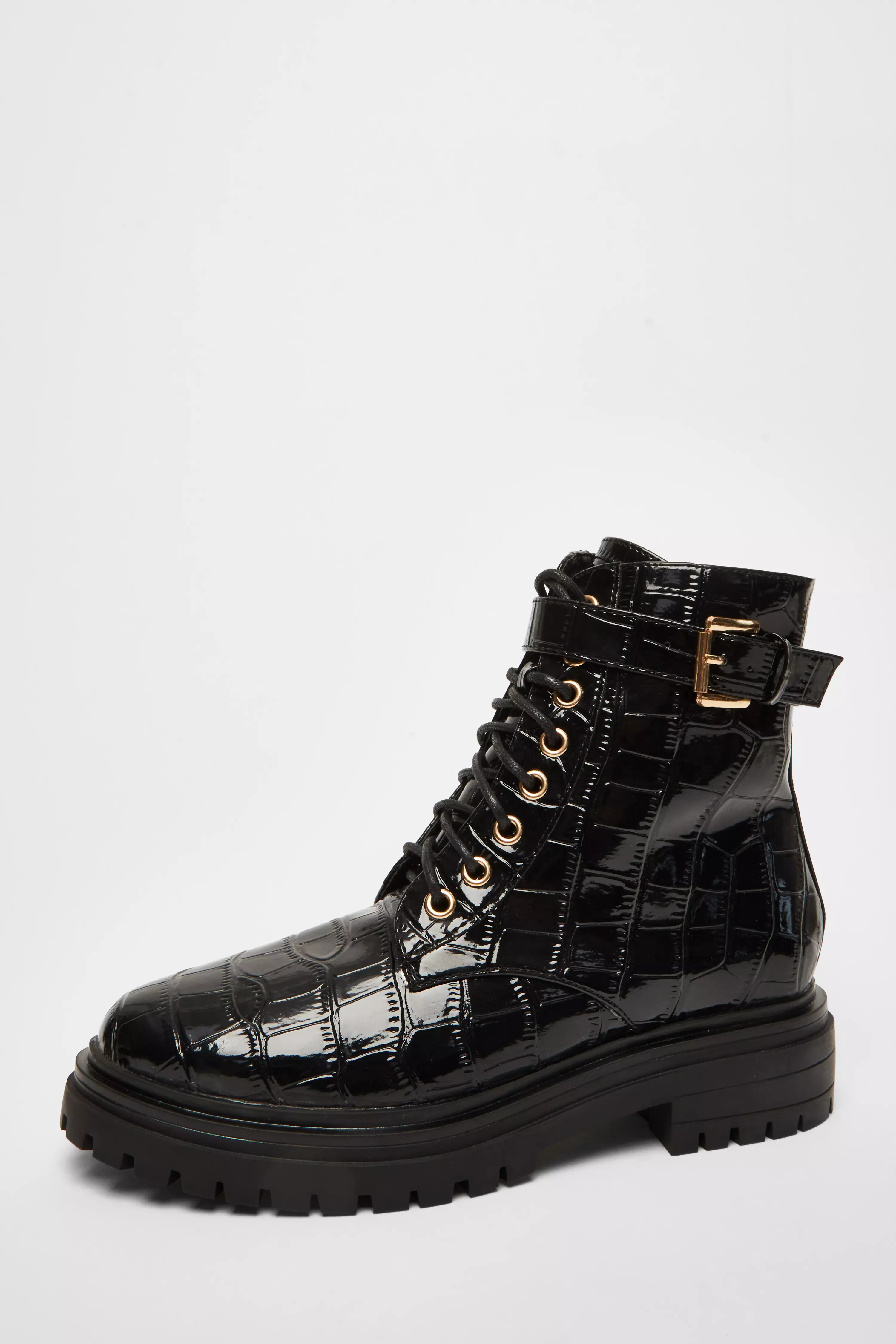 Black Faux Leather Croc Boots