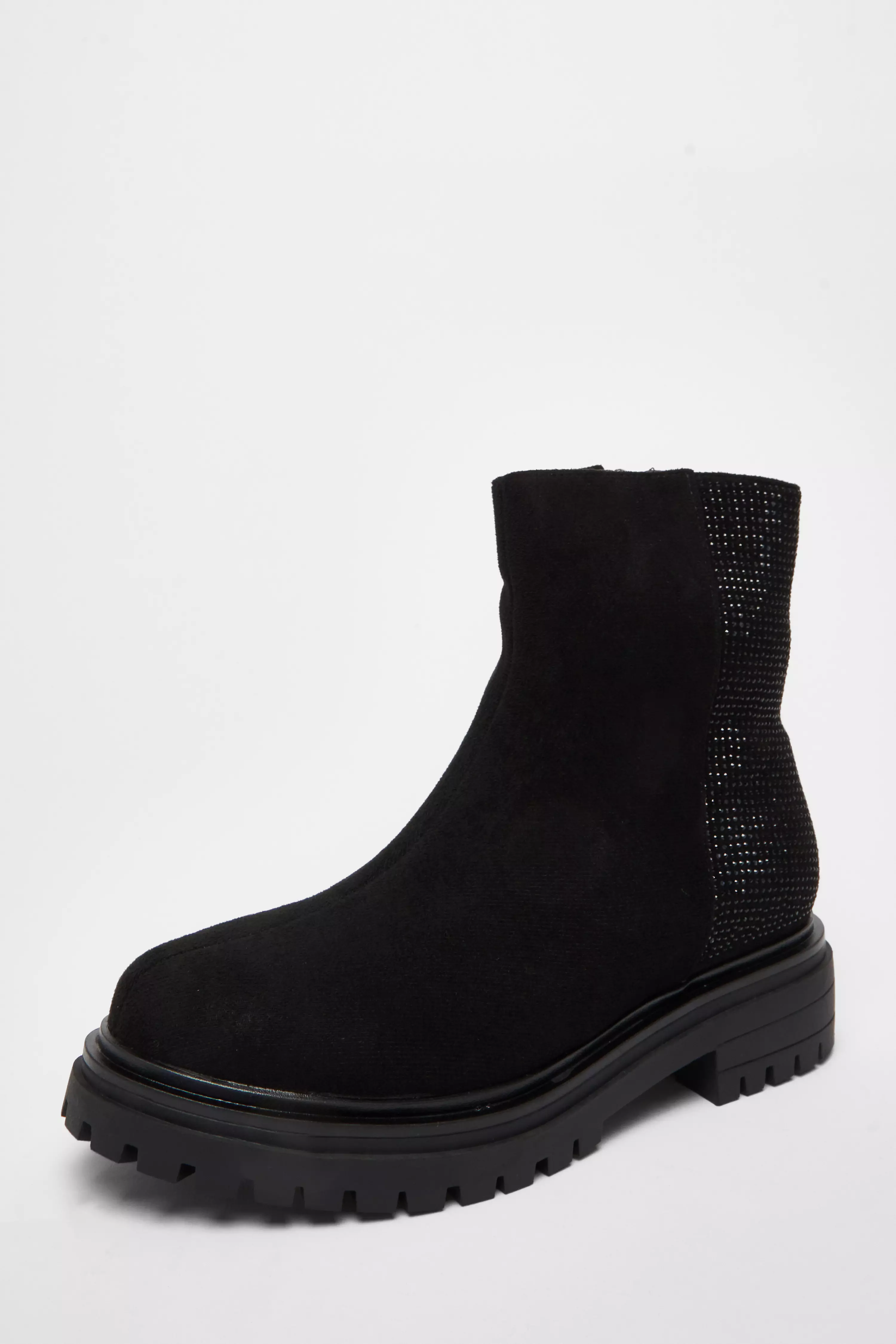 Wide Fit Black Diamante Faux Suede Ankle Boots