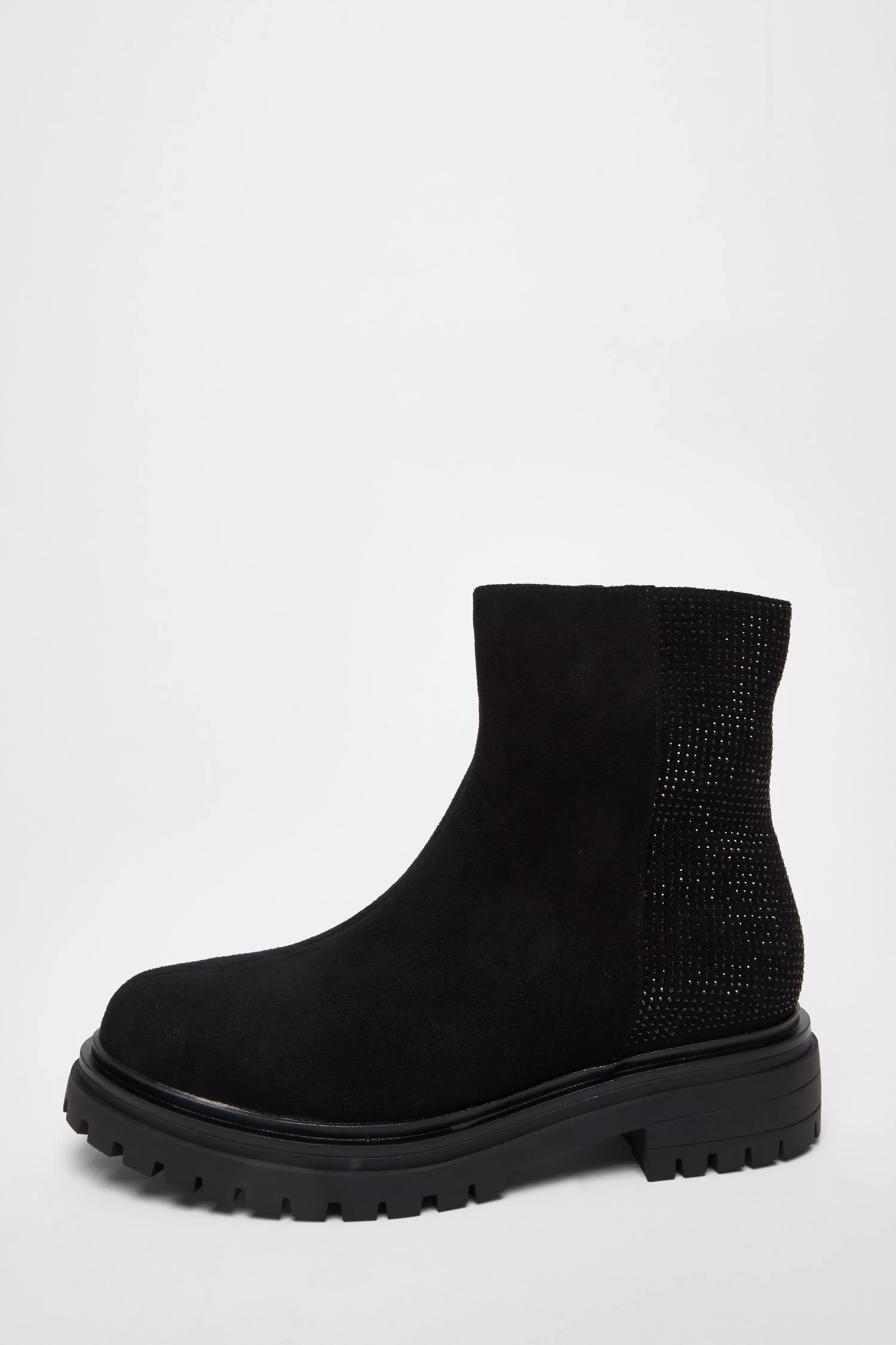 Wide Fit Black Diamante Faux Suede Ankle Boots