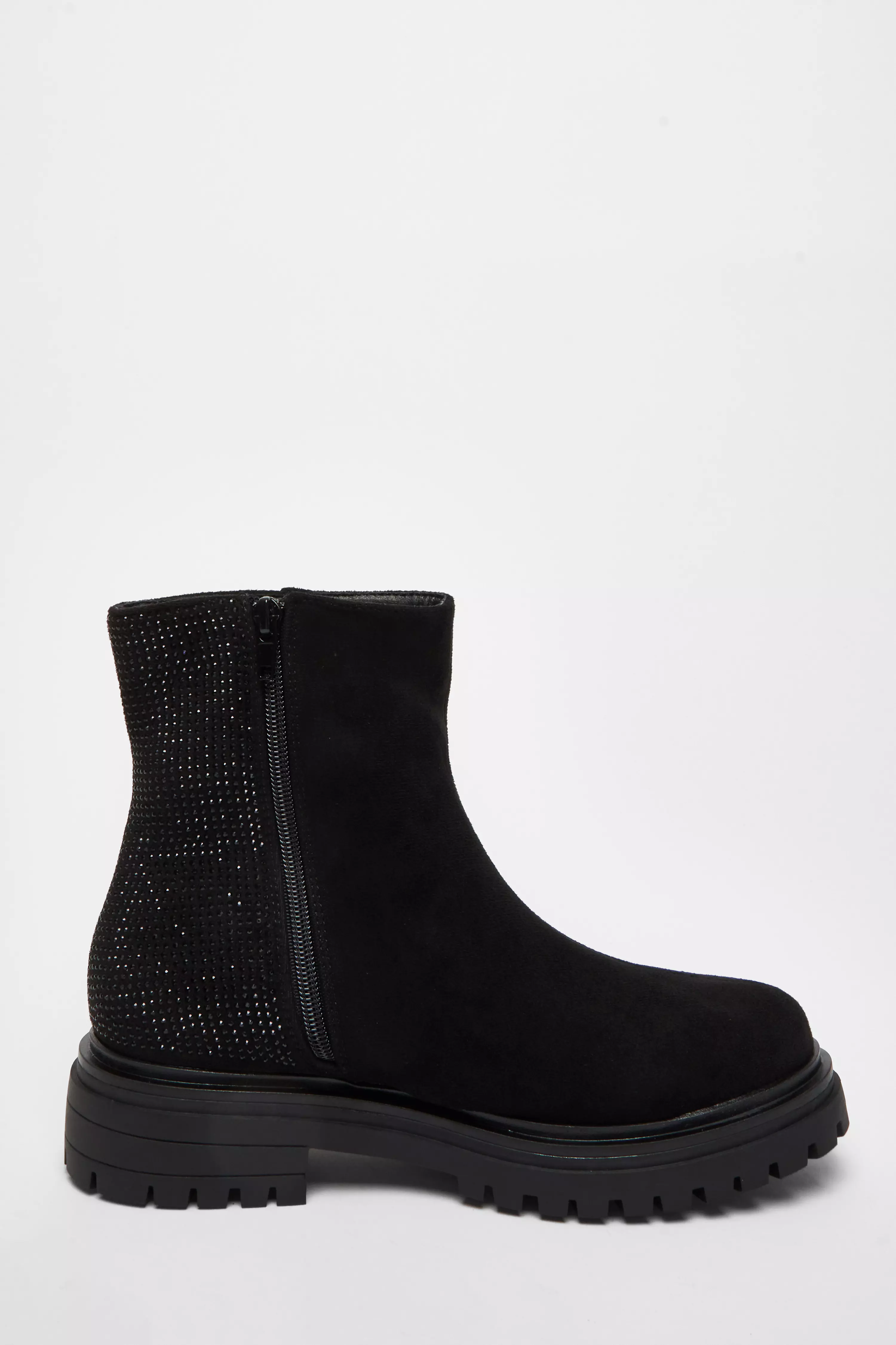 Wide Fit Black Diamante Faux Suede Ankle Boots