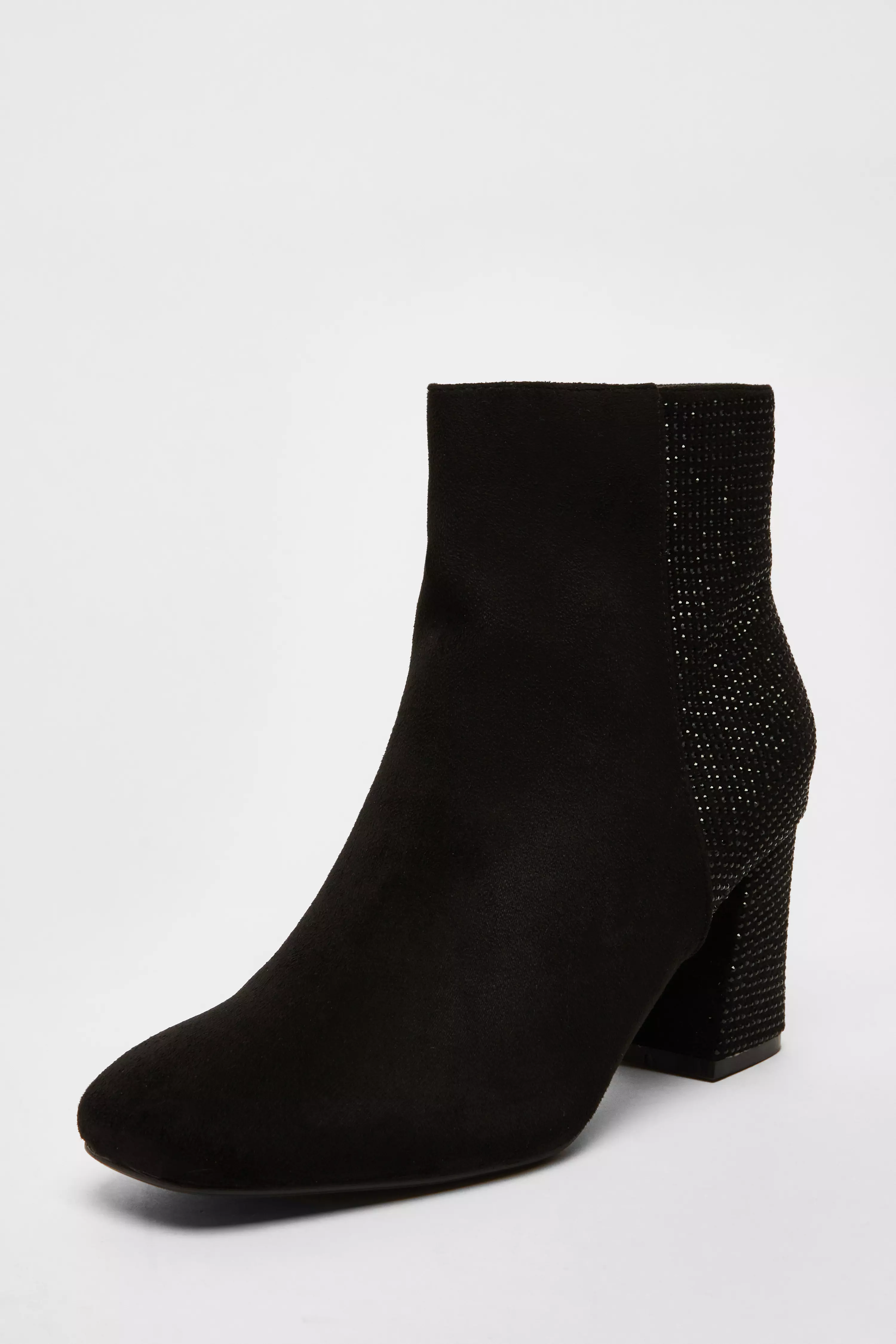 Black Faux Suede Diamante Heeled Boots