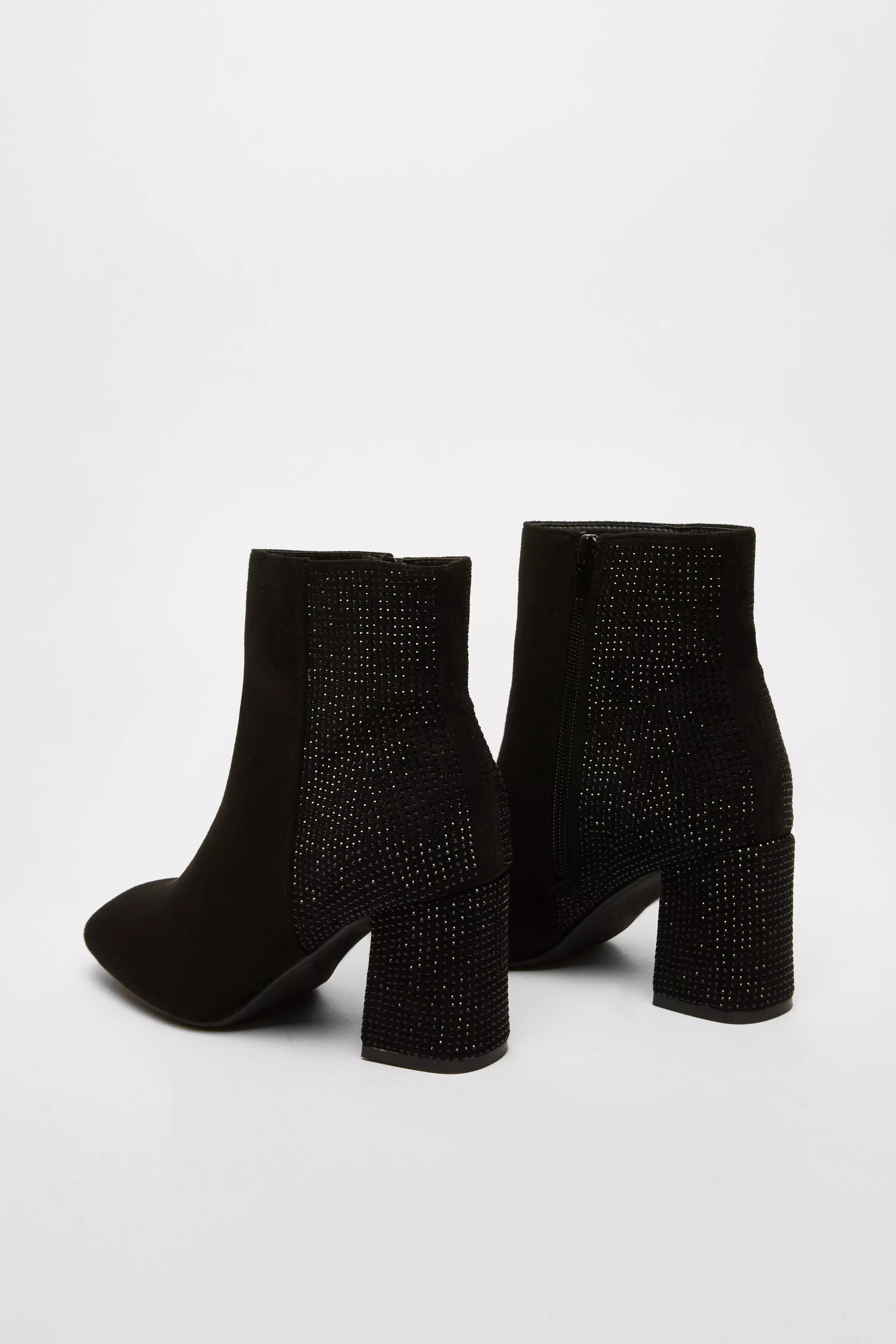 Black Faux Suede Diamante Heeled Boots