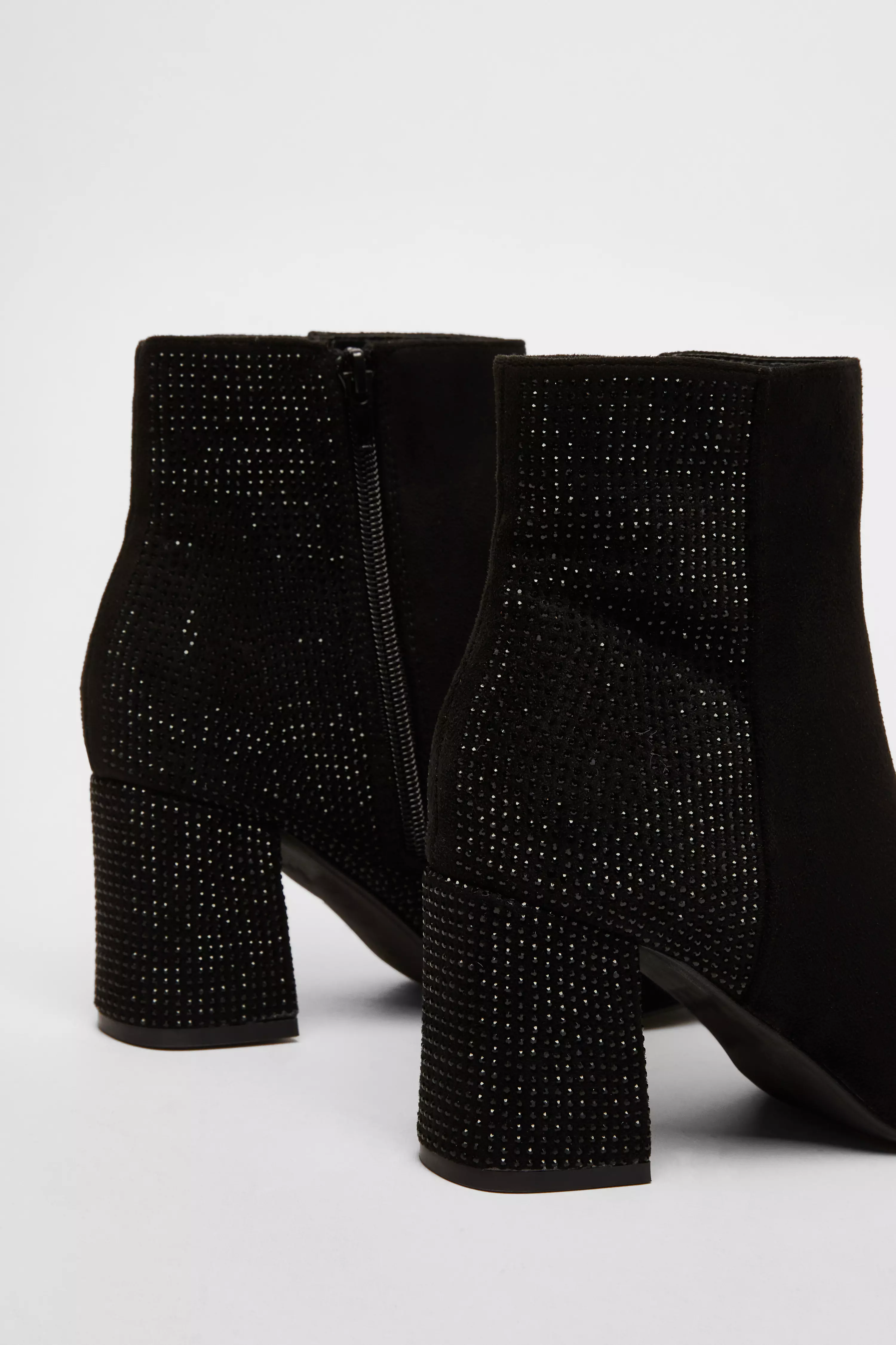 Black Faux Suede Diamante Heeled Boots