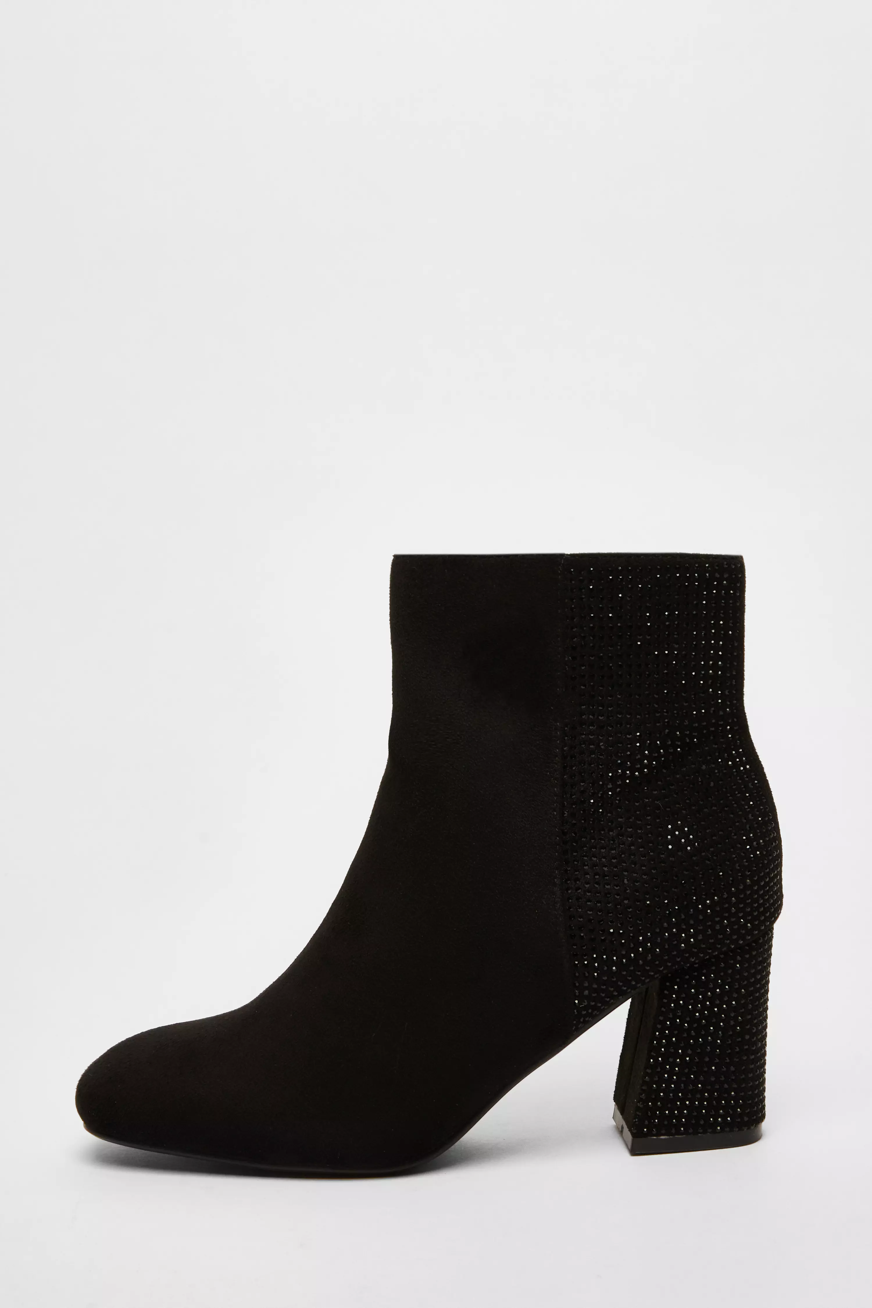 Black Faux Suede Diamante Heeled Boots