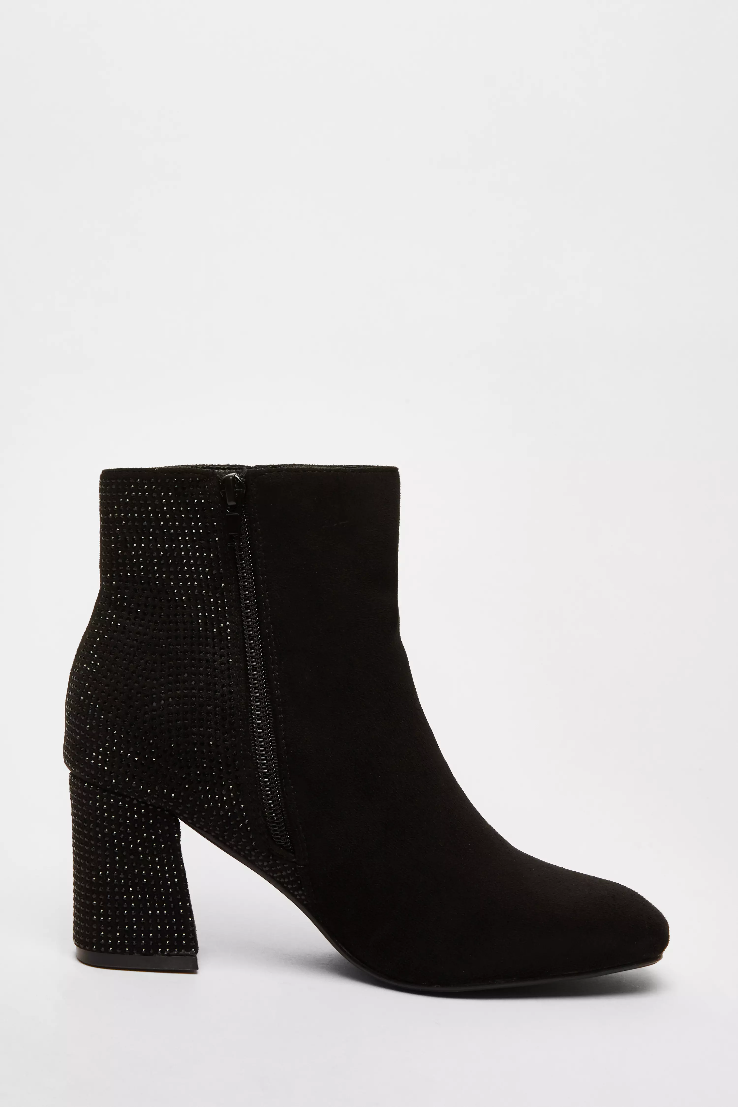 Black Faux Suede Diamante Heeled Boots