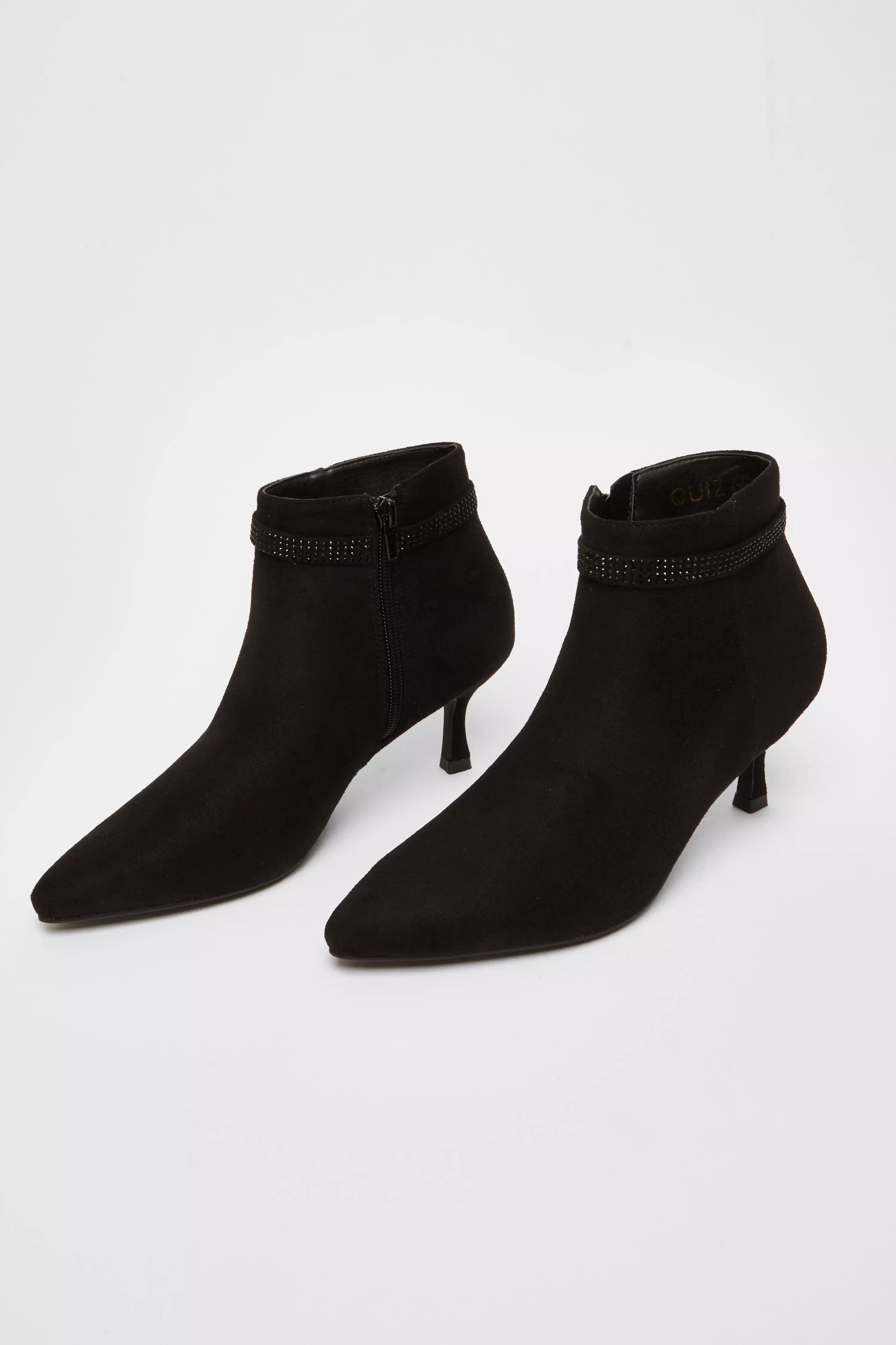 Black Faux Suede Diamante Bow Ankle Boot