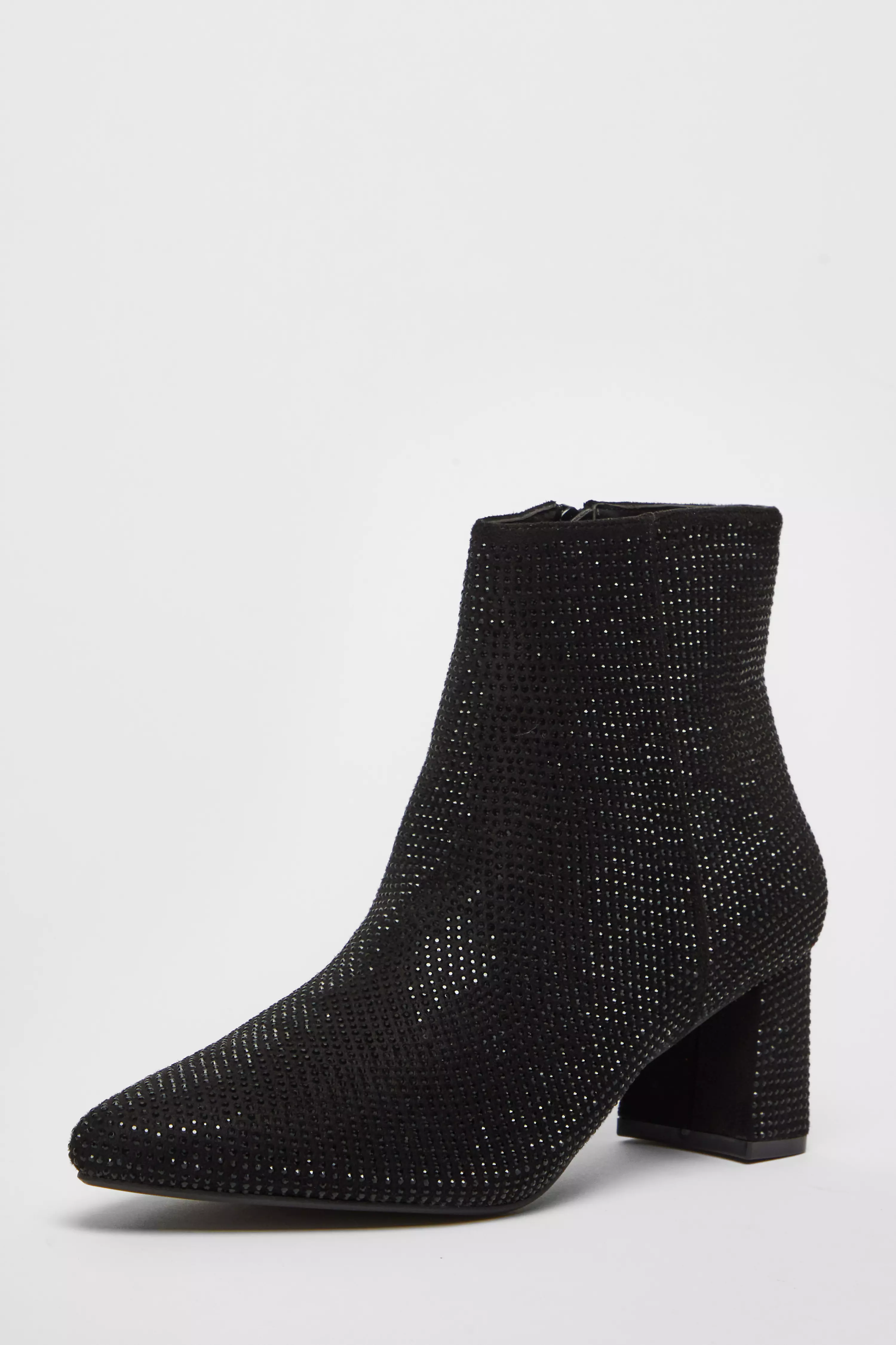 Black Faux Suede Diamante Ankle Boot