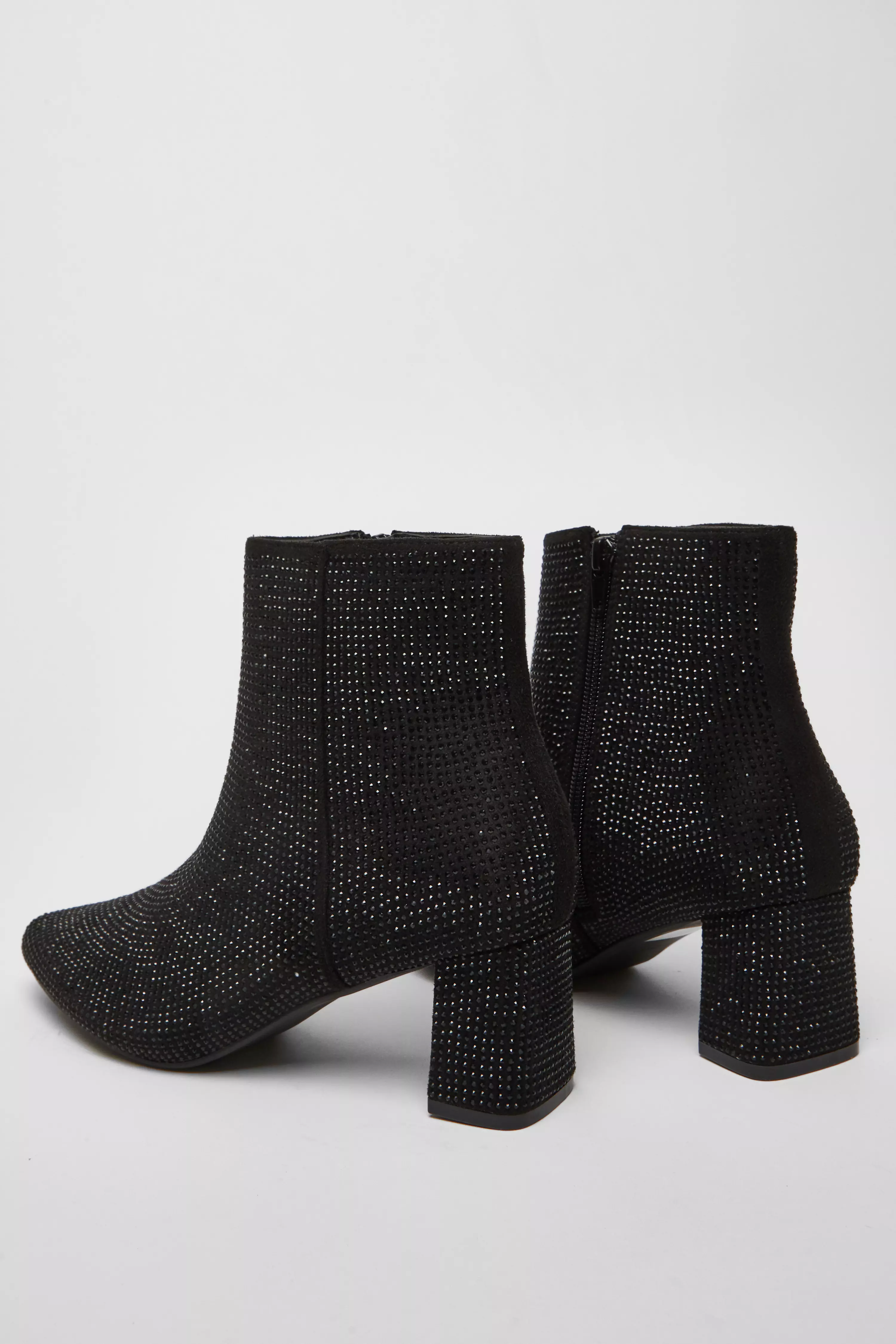 Black Faux Suede Diamante Ankle Boot