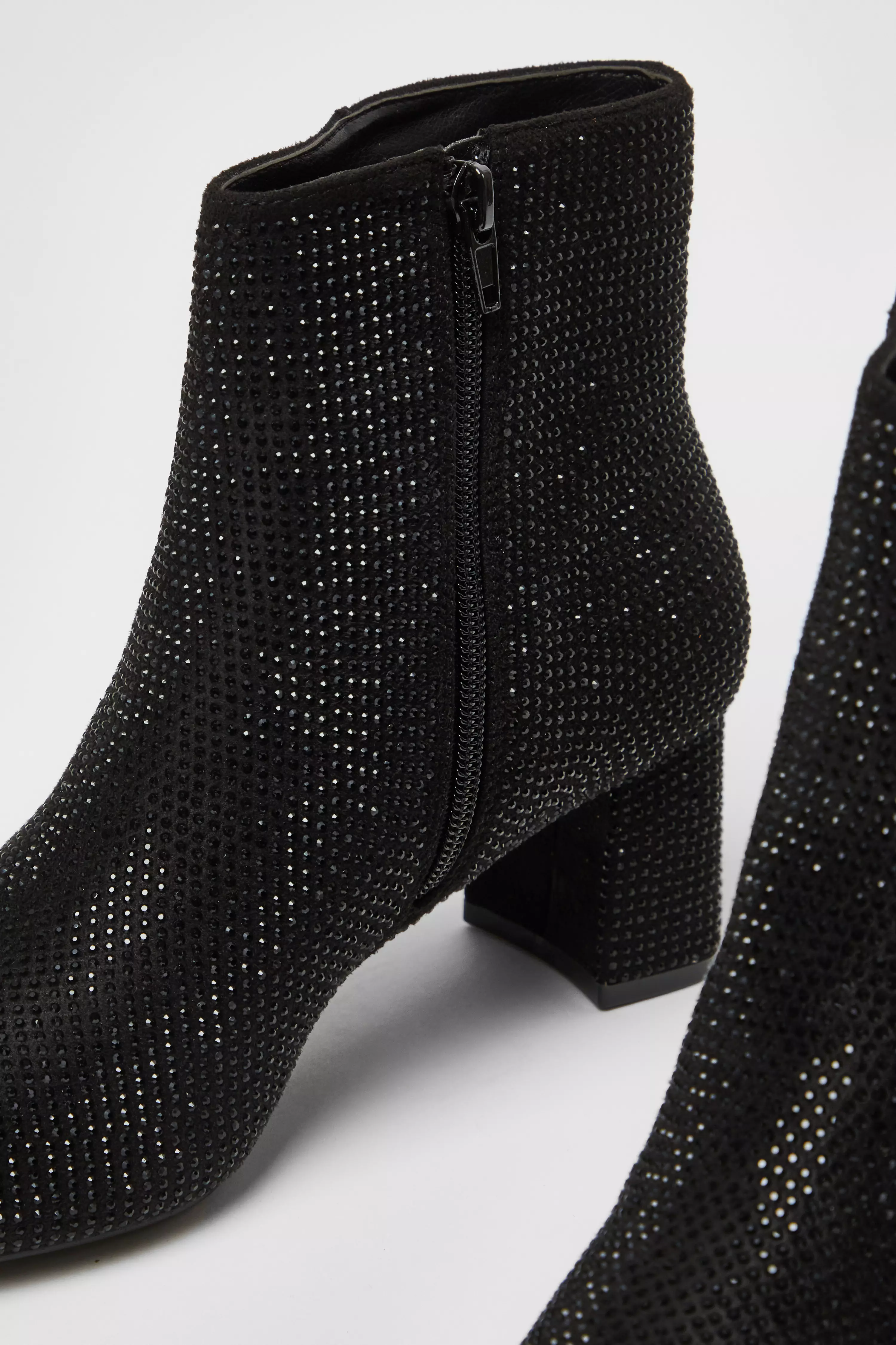 Black Faux Suede Diamante Ankle Boot