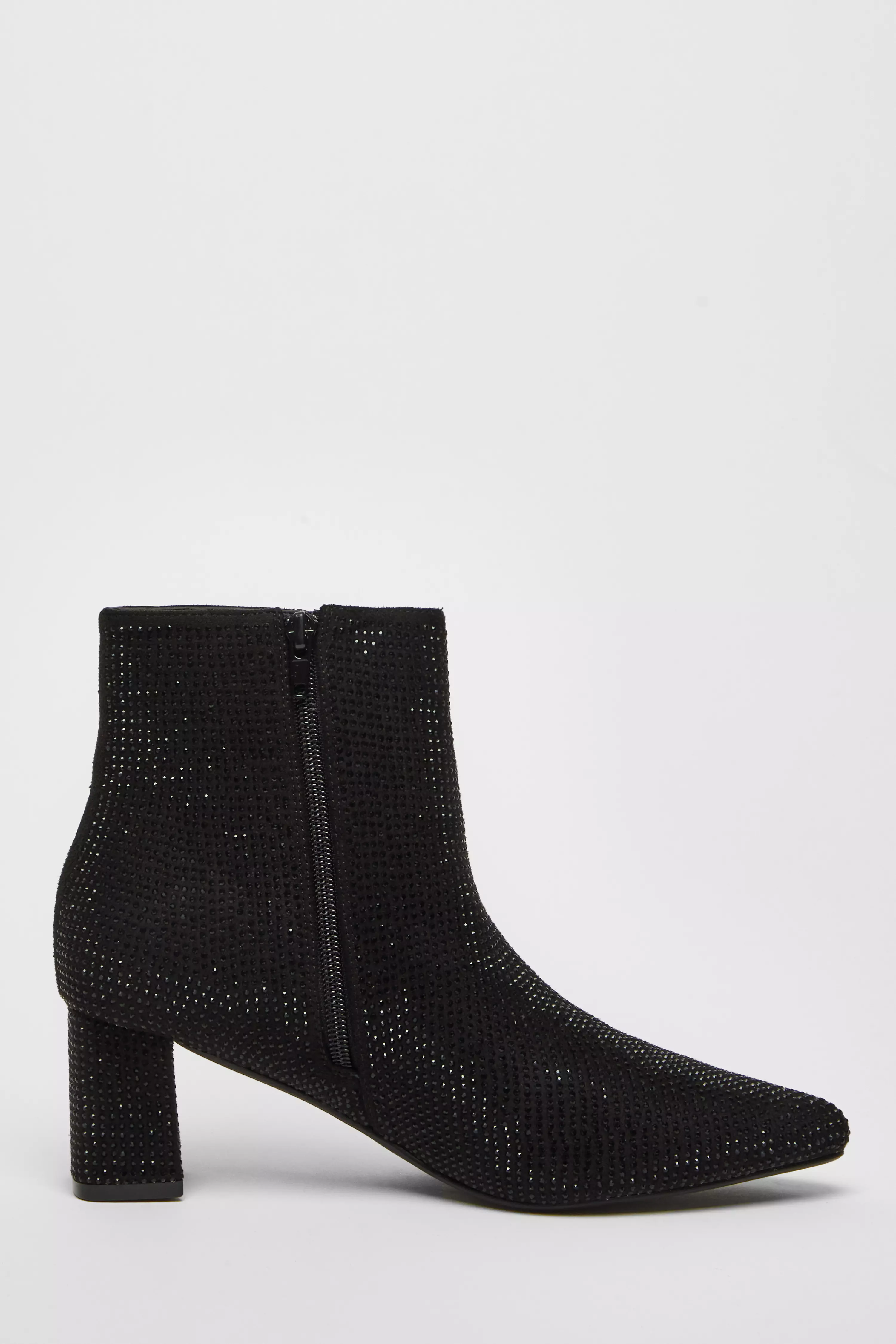 Black Faux Suede Diamante Ankle Boot