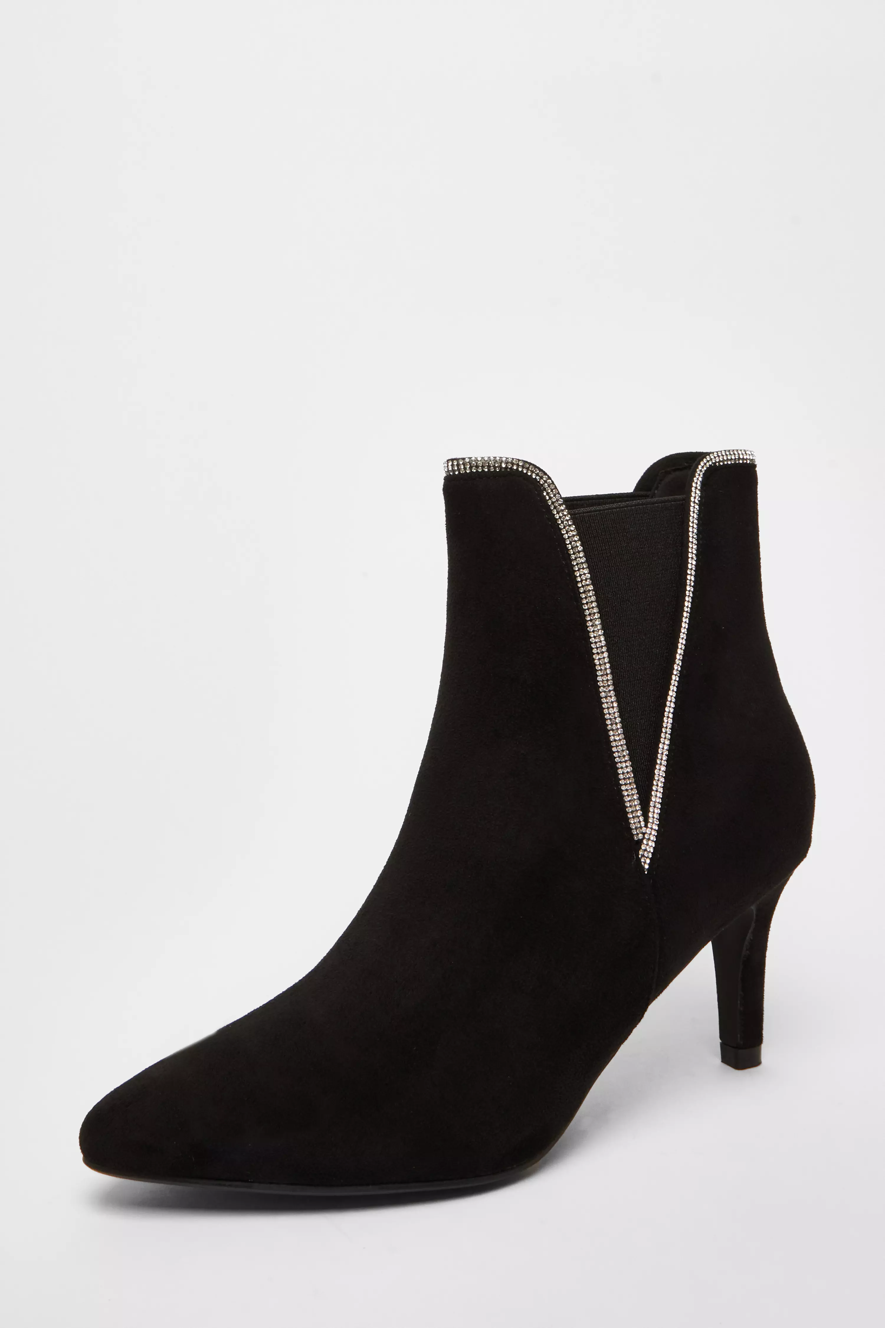 Black Faux Suede Diamante Ankle Boots