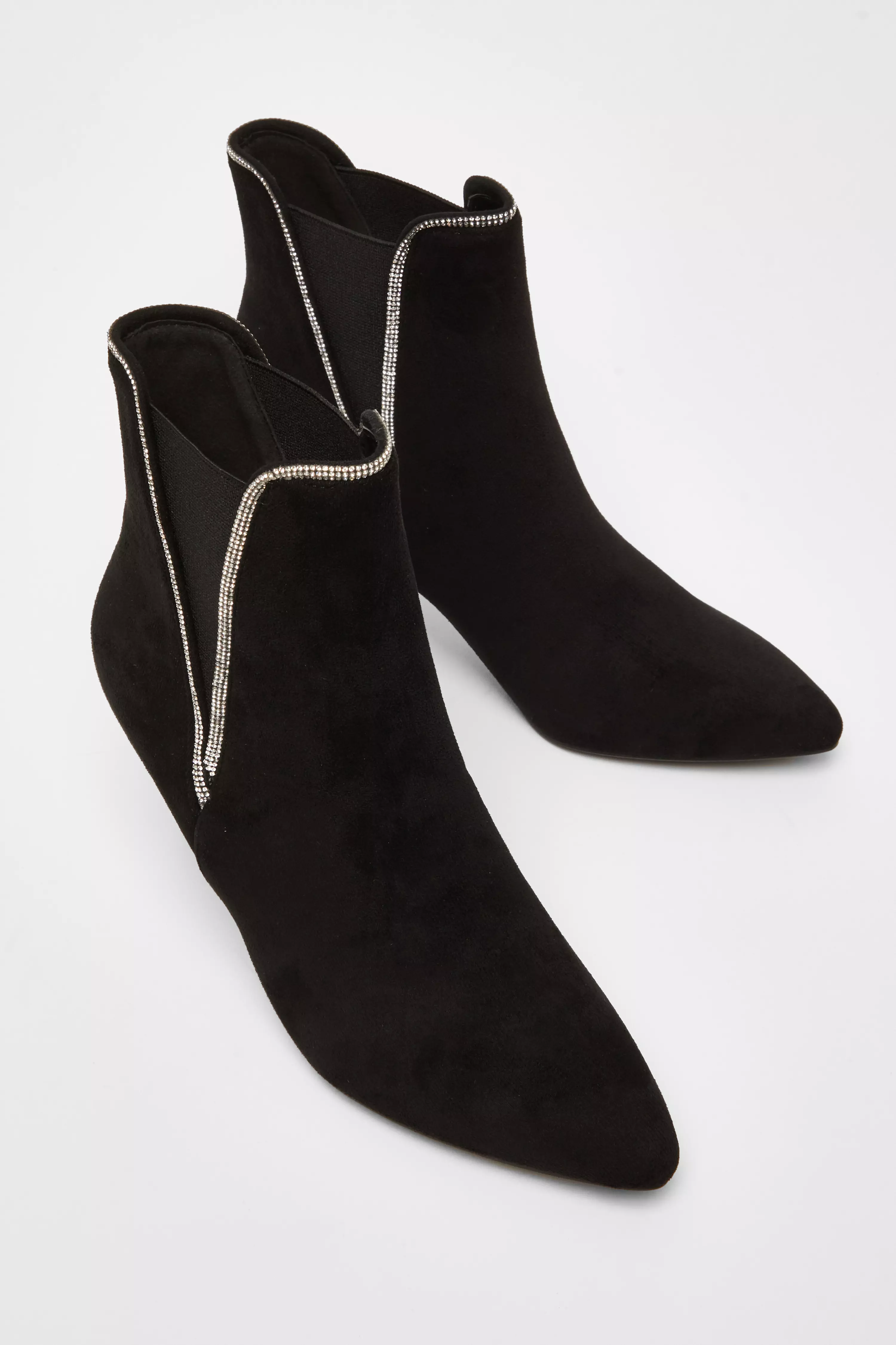 Black Faux Suede Diamante Ankle Boots