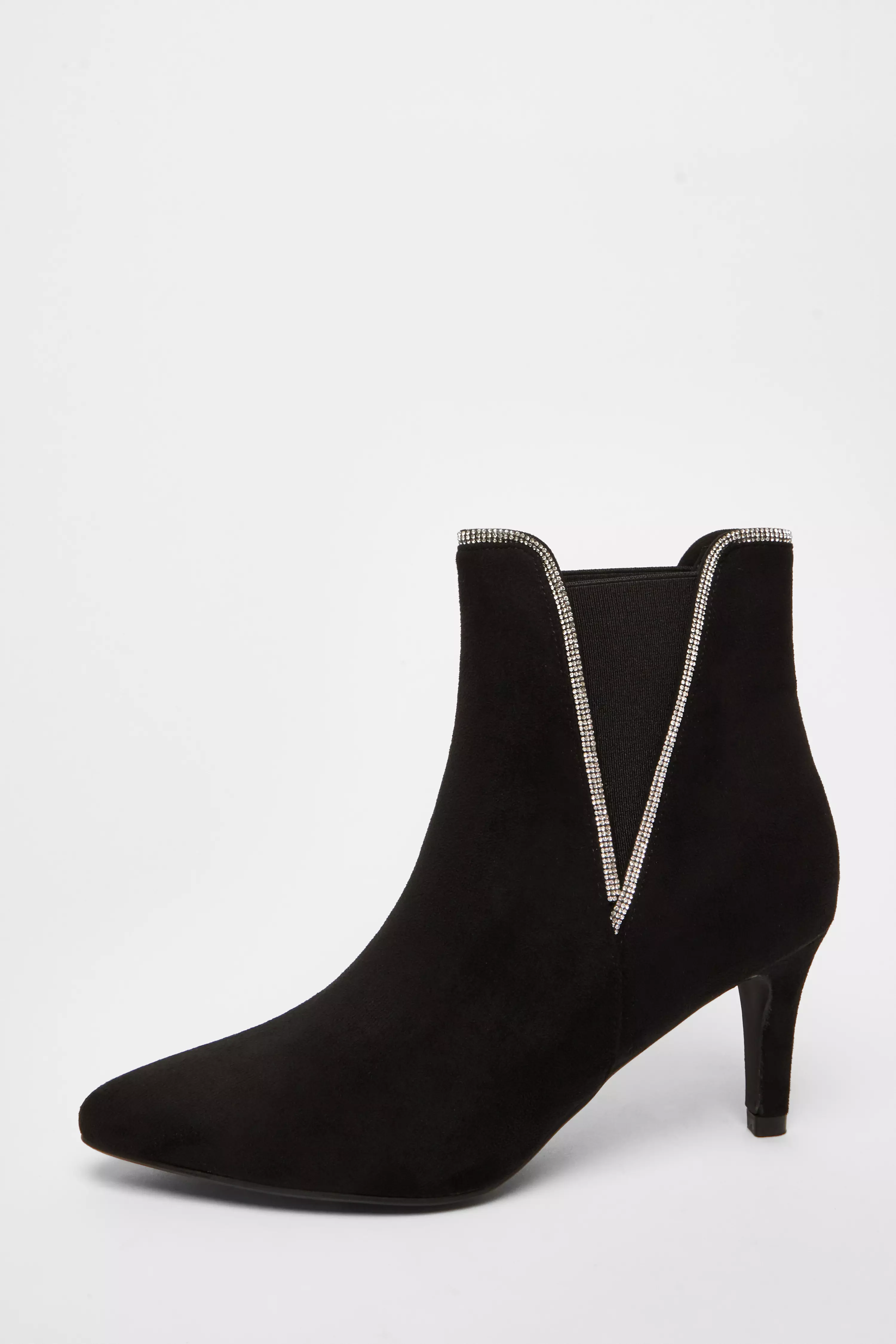 Black Faux Suede Diamante Ankle Boots