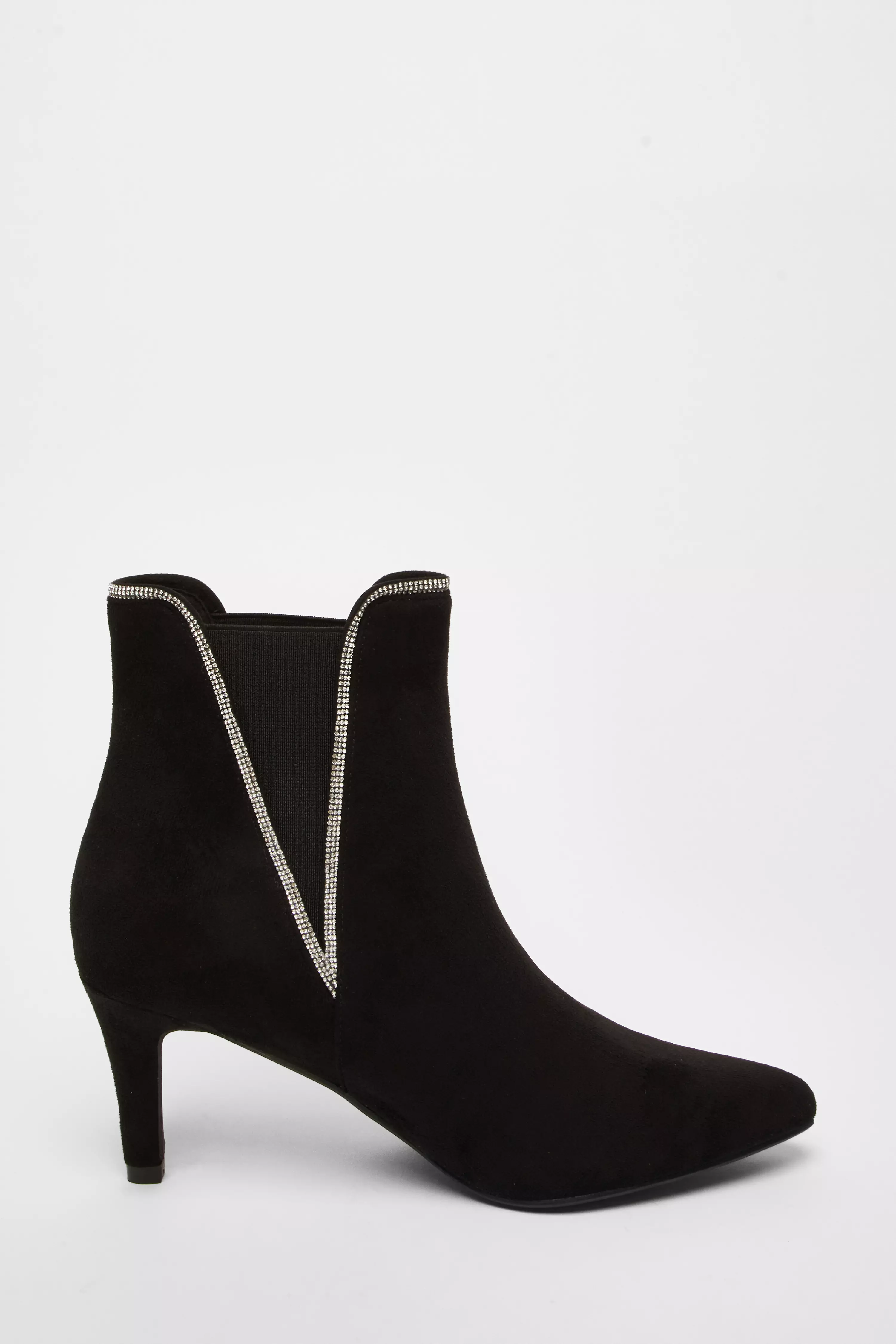 Black Faux Suede Diamante Ankle Boots