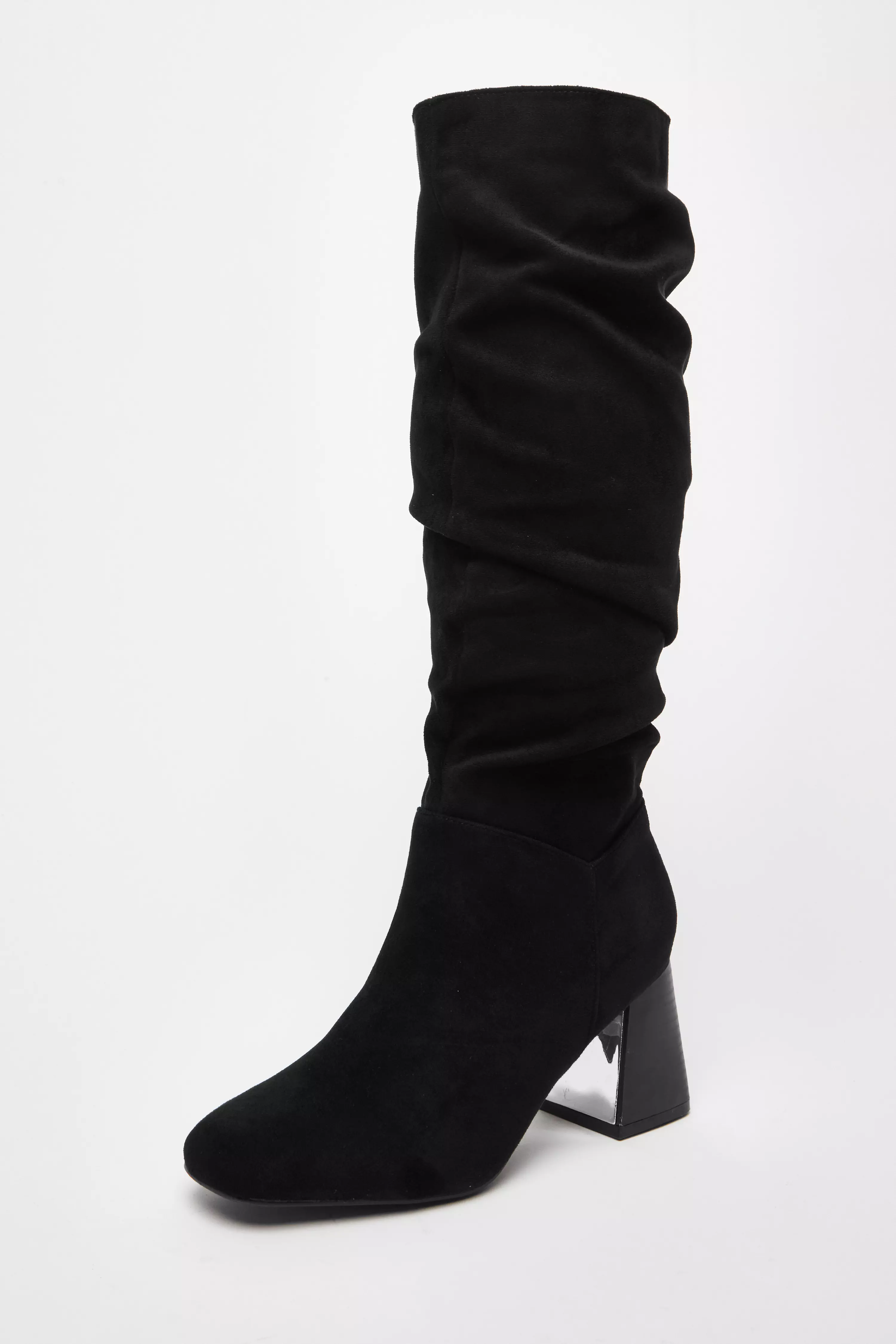 Black Faux Suede Ruched Heeled Boots