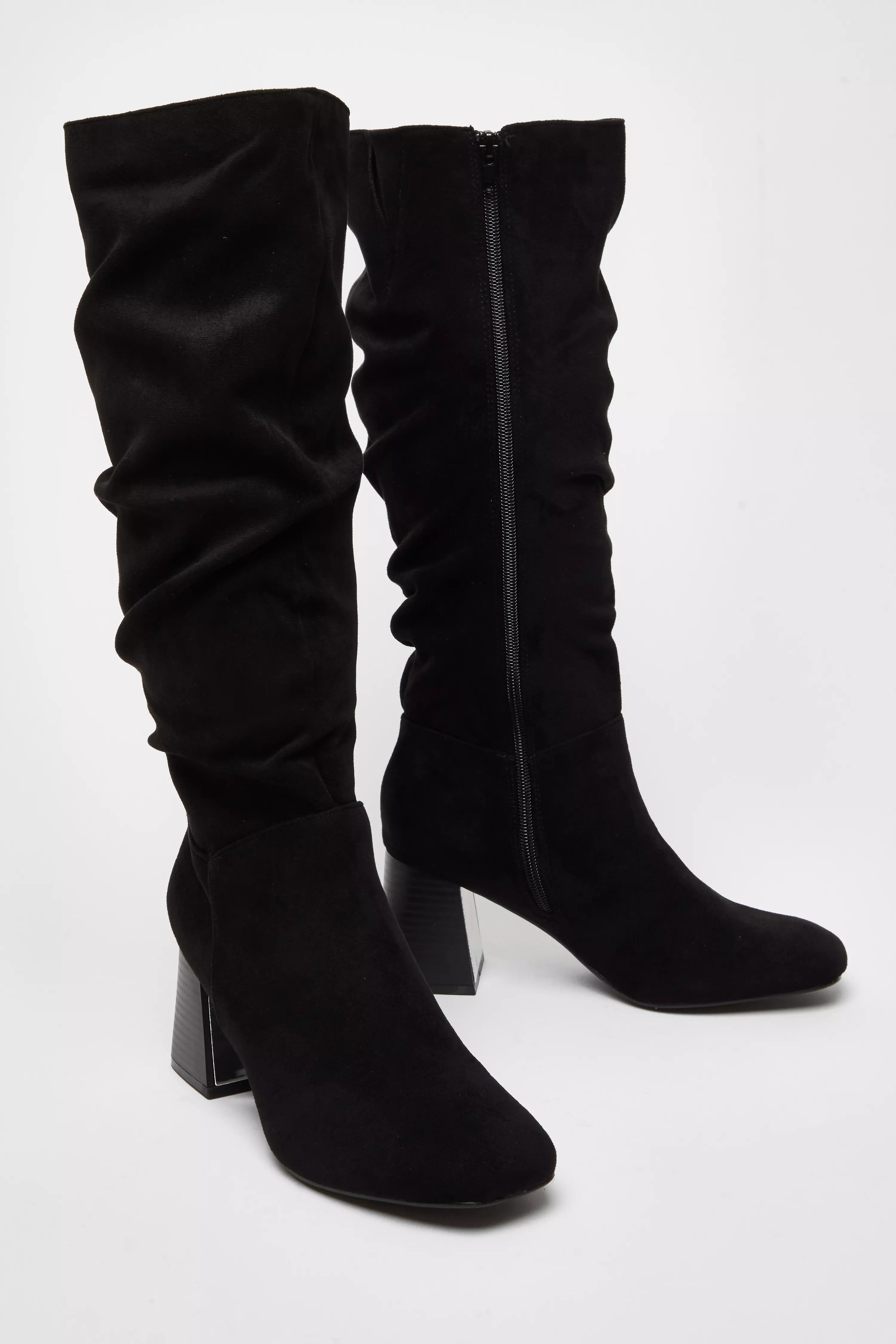 Black Faux Suede Ruched Heeled Boots