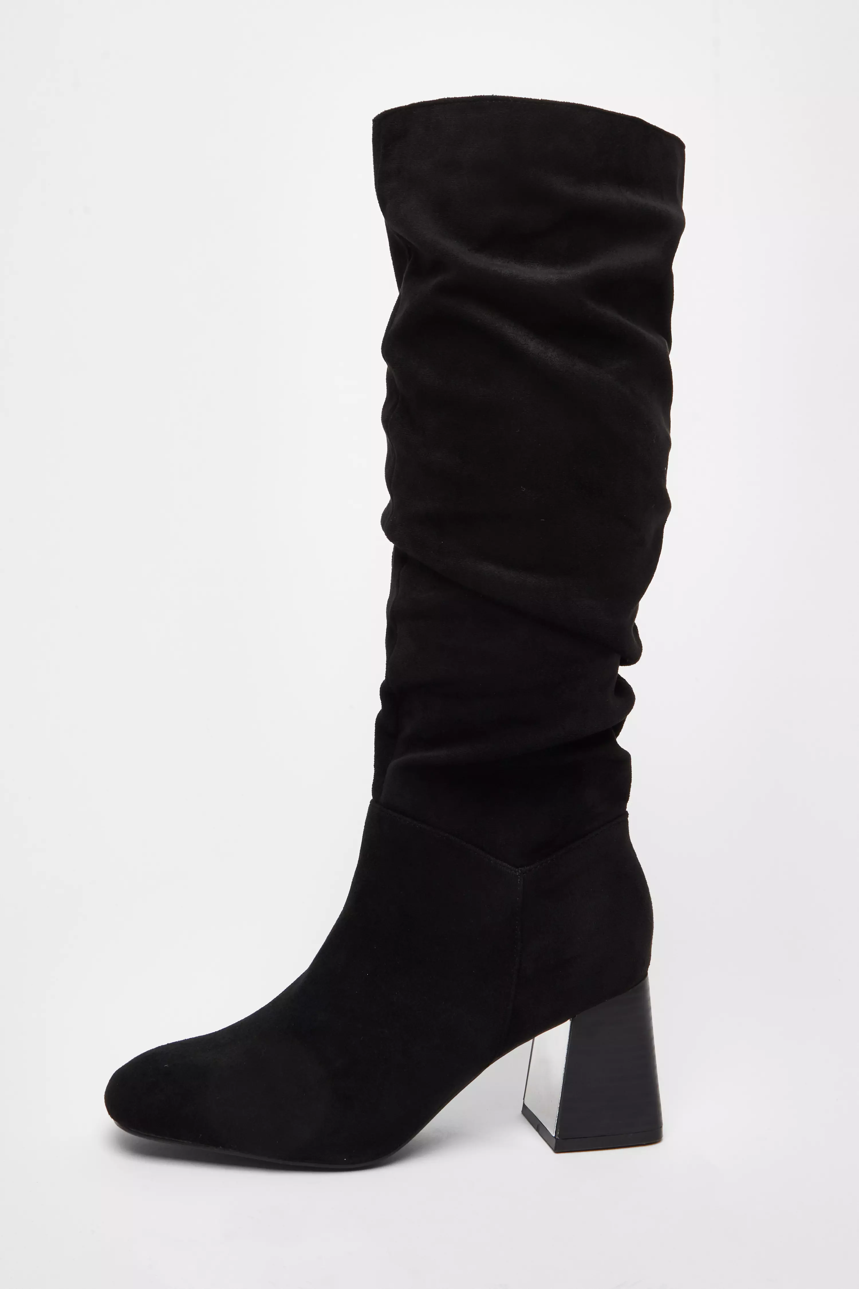 Black Faux Suede Ruched Heeled Boots