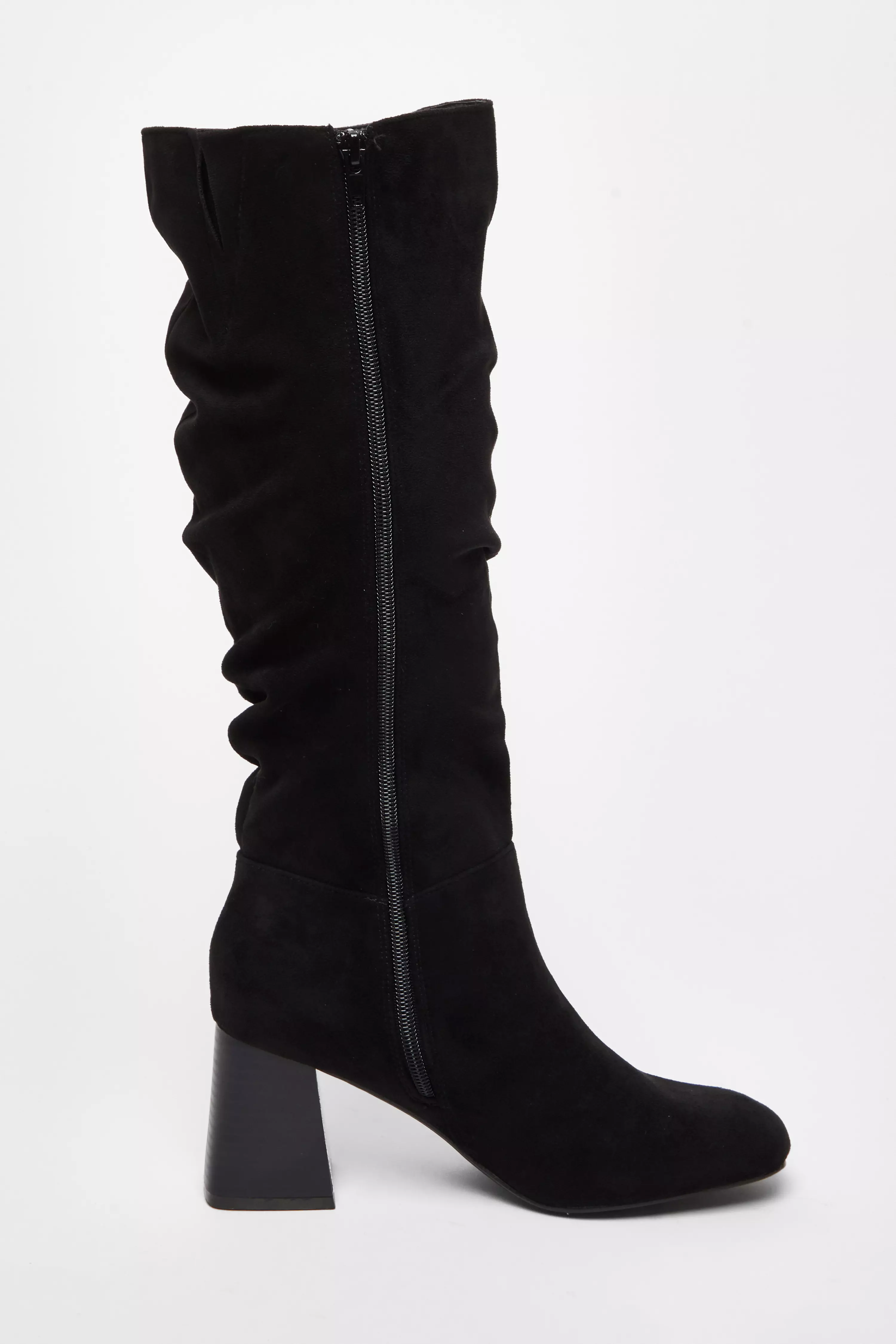 Black Faux Suede Ruched Heeled Boots