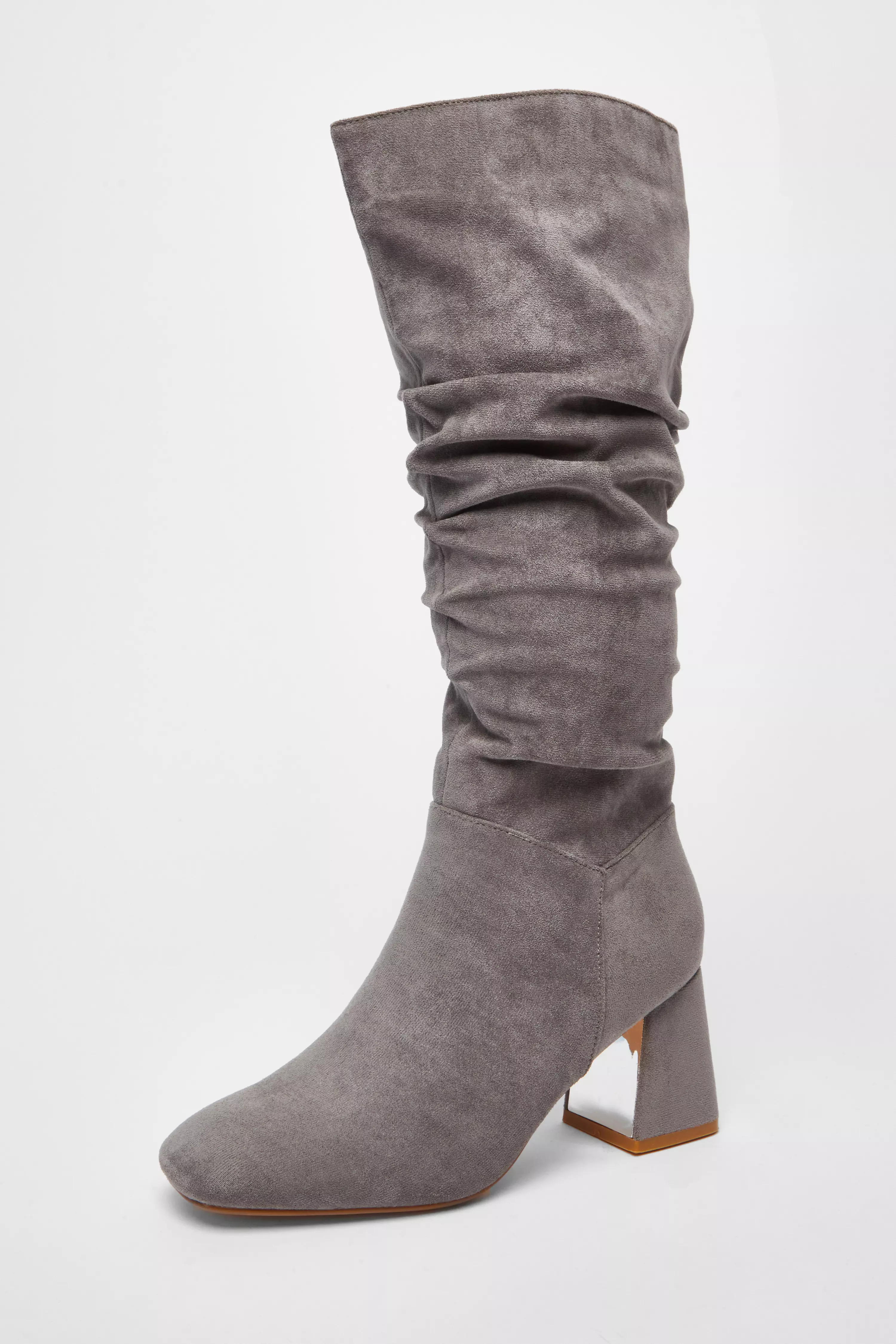 Grey Faux Suede Ruched Heeled Boots