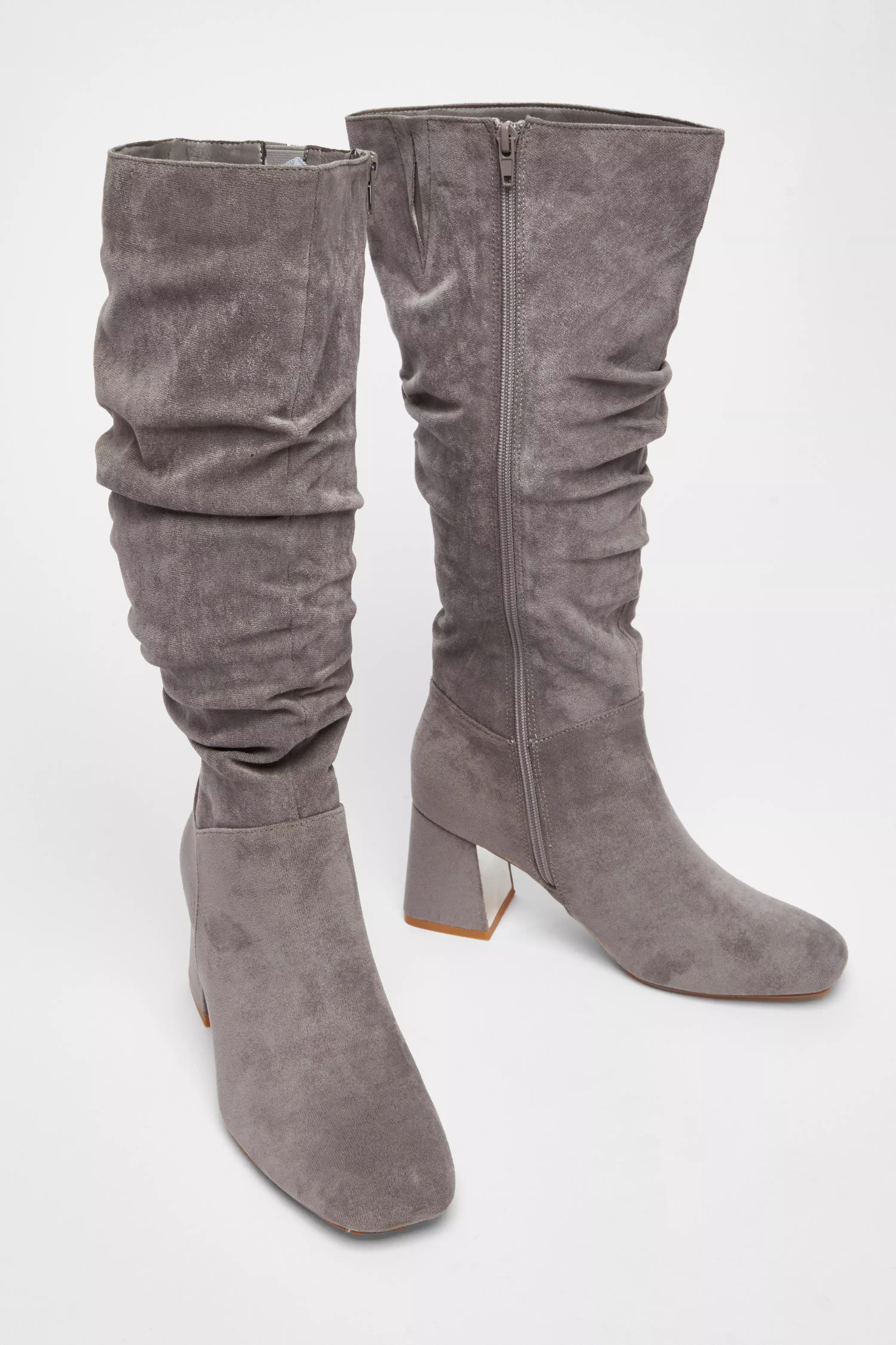 Grey Faux Suede Ruched Heeled Boots