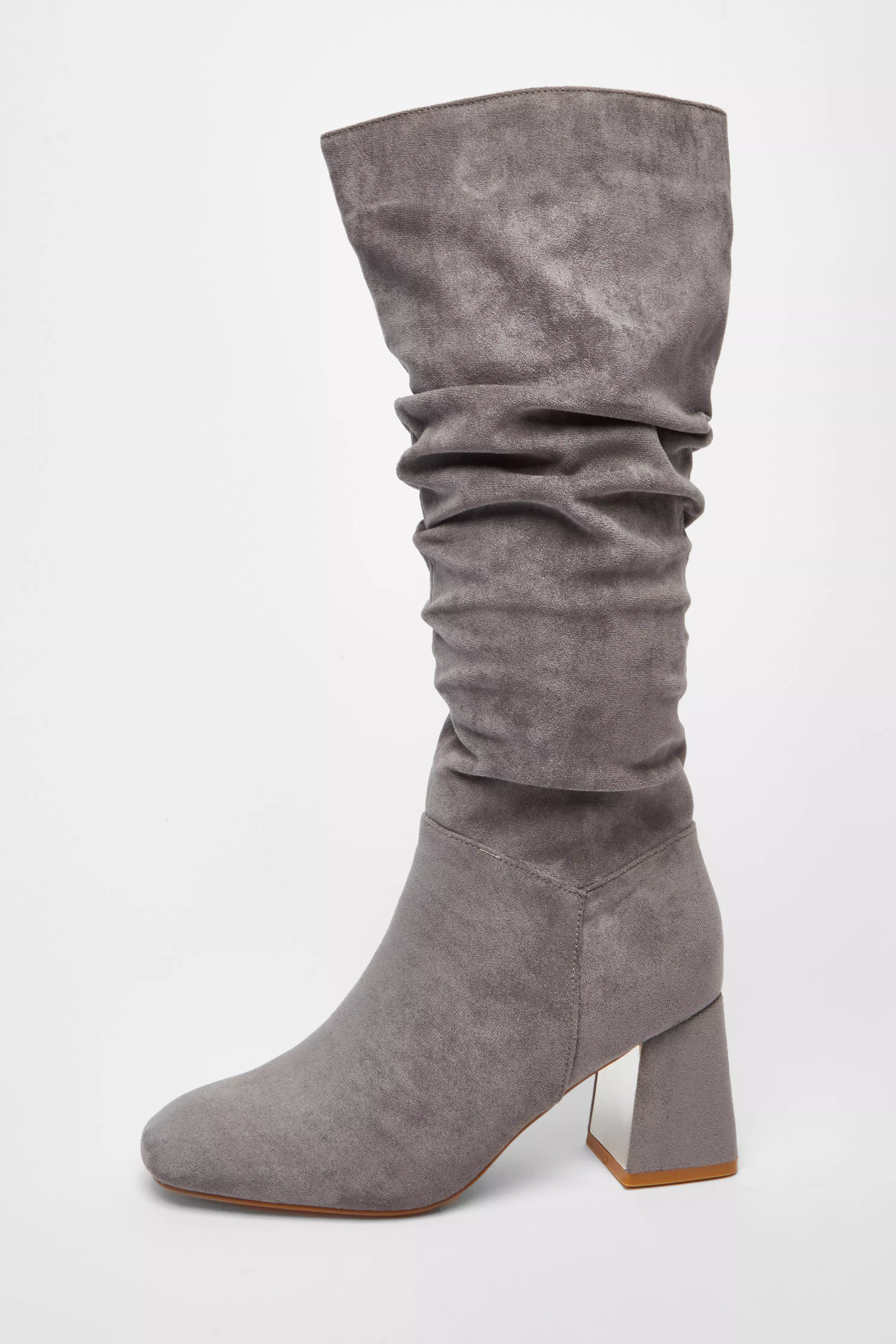 Grey Faux Suede Ruched Heeled Boots