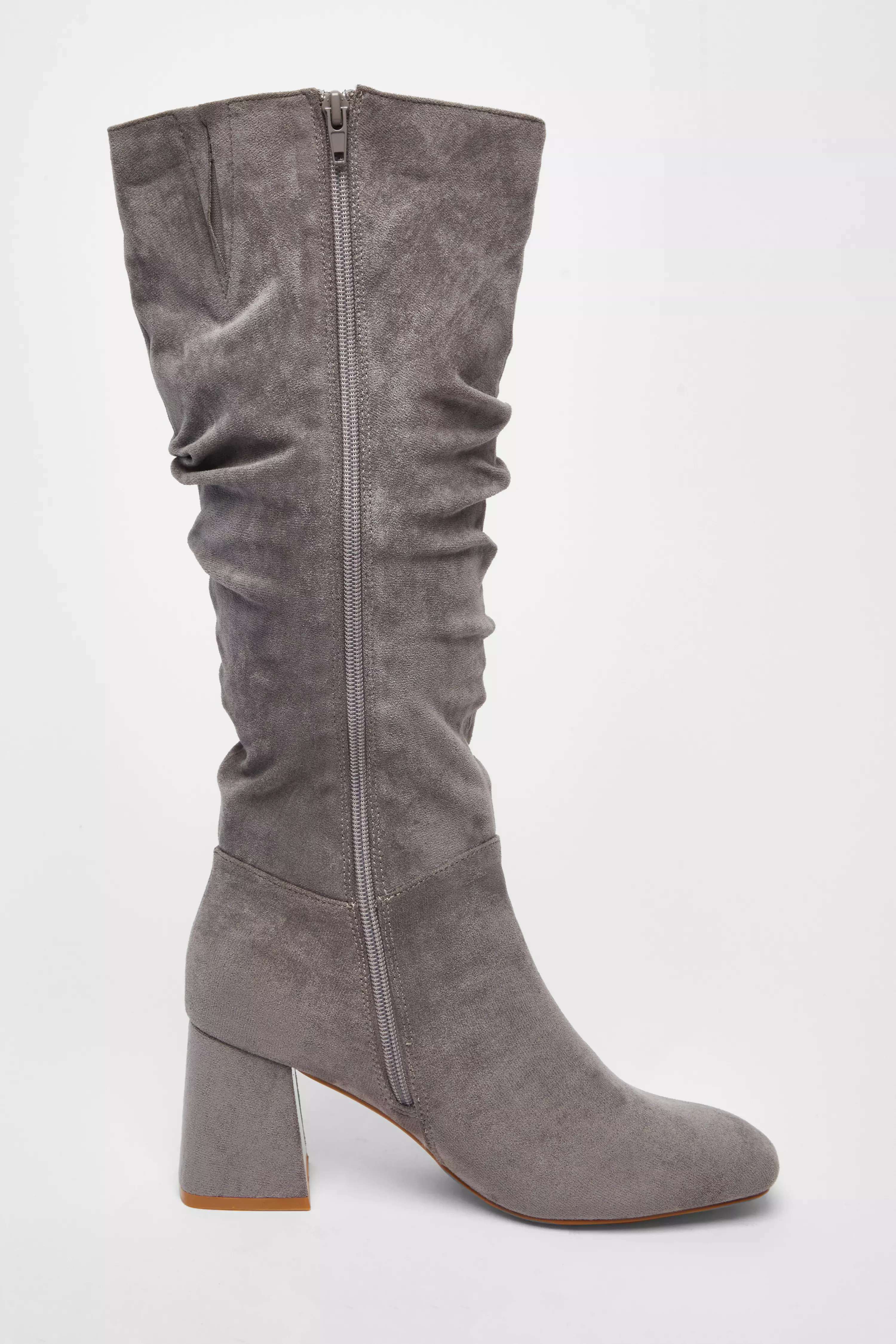 Grey Faux Suede Ruched Heeled Boots