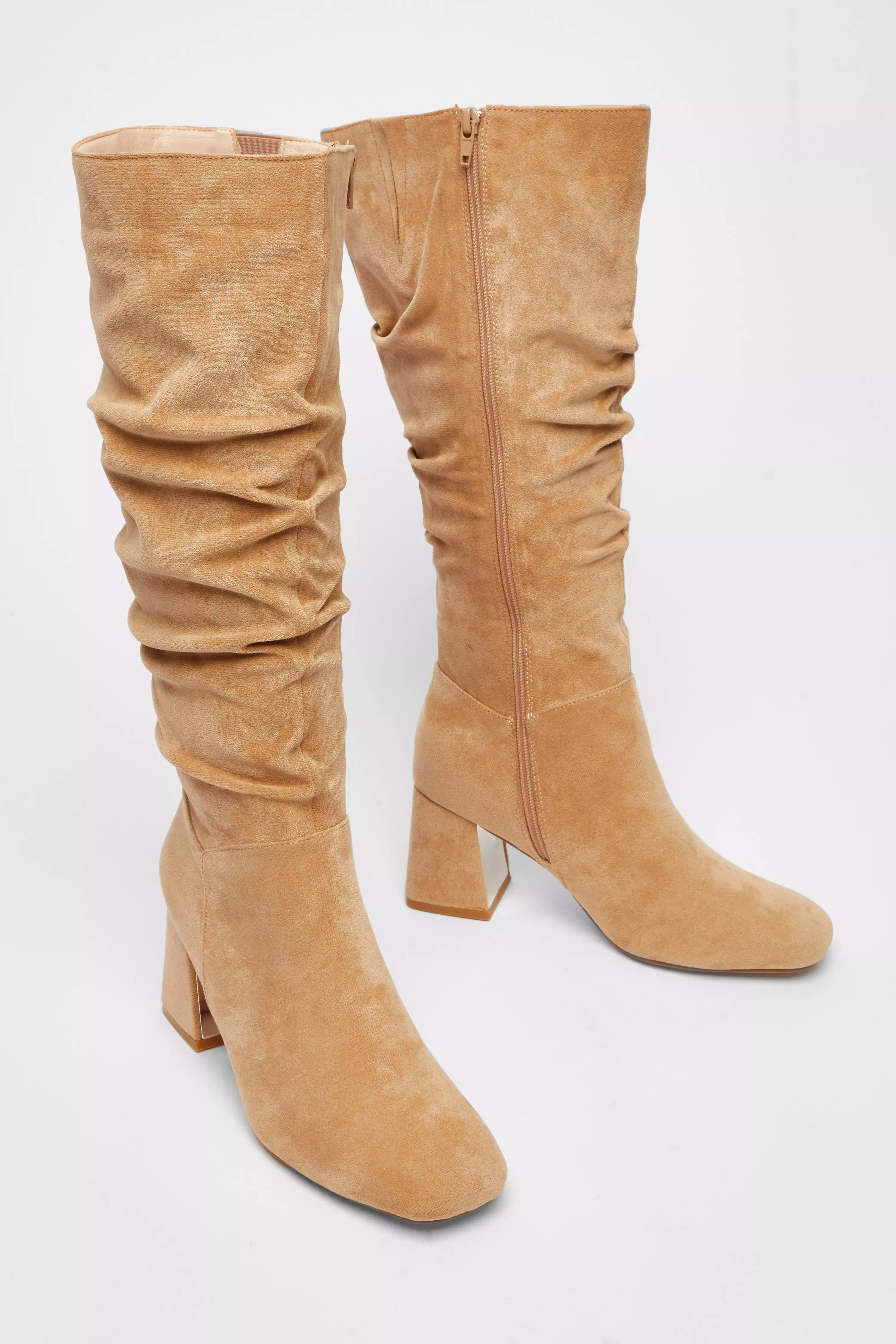 Taupe Faux Suede Ruched Heeled Boots