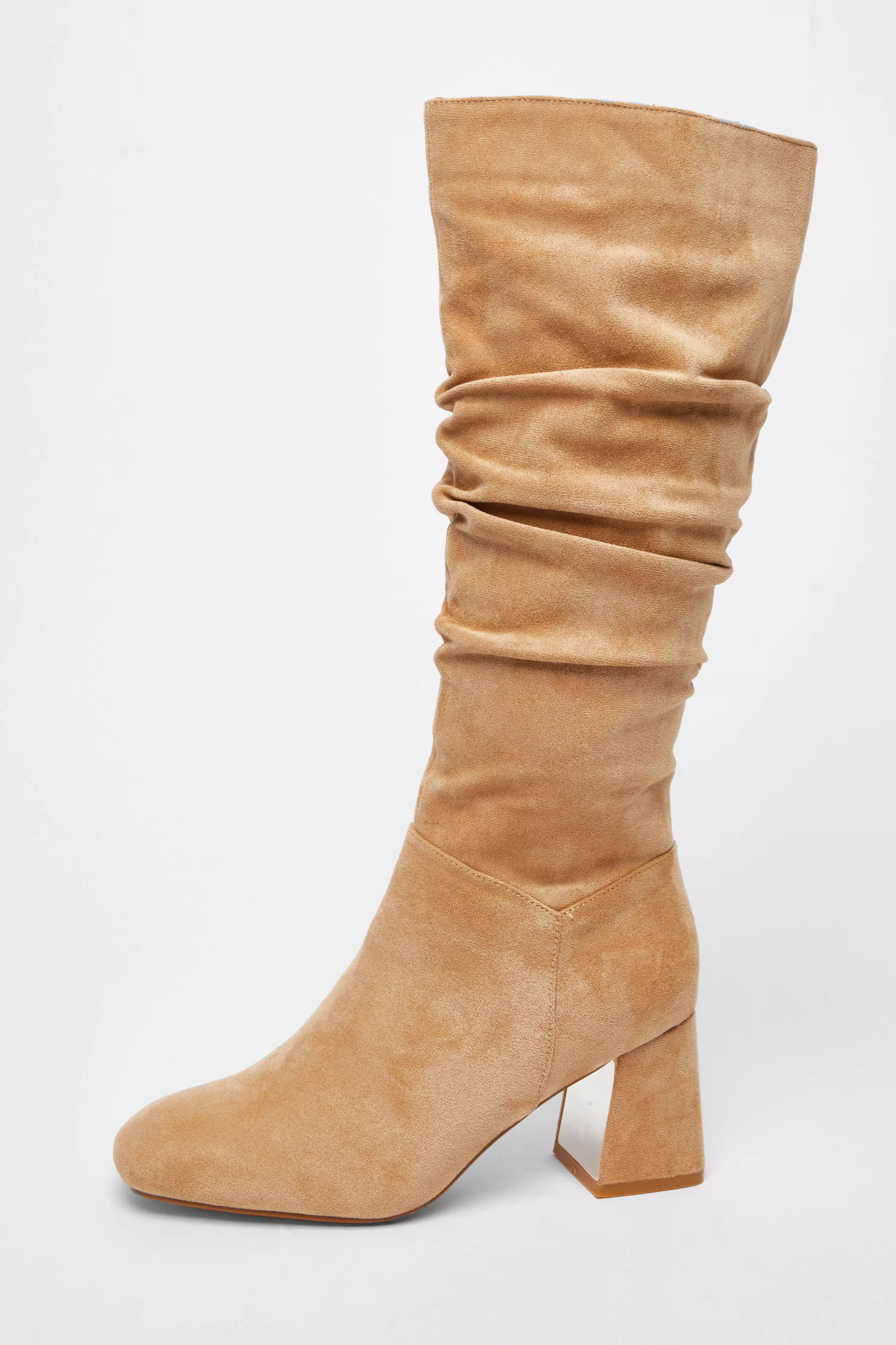 Taupe Faux Suede Ruched Heeled Boots