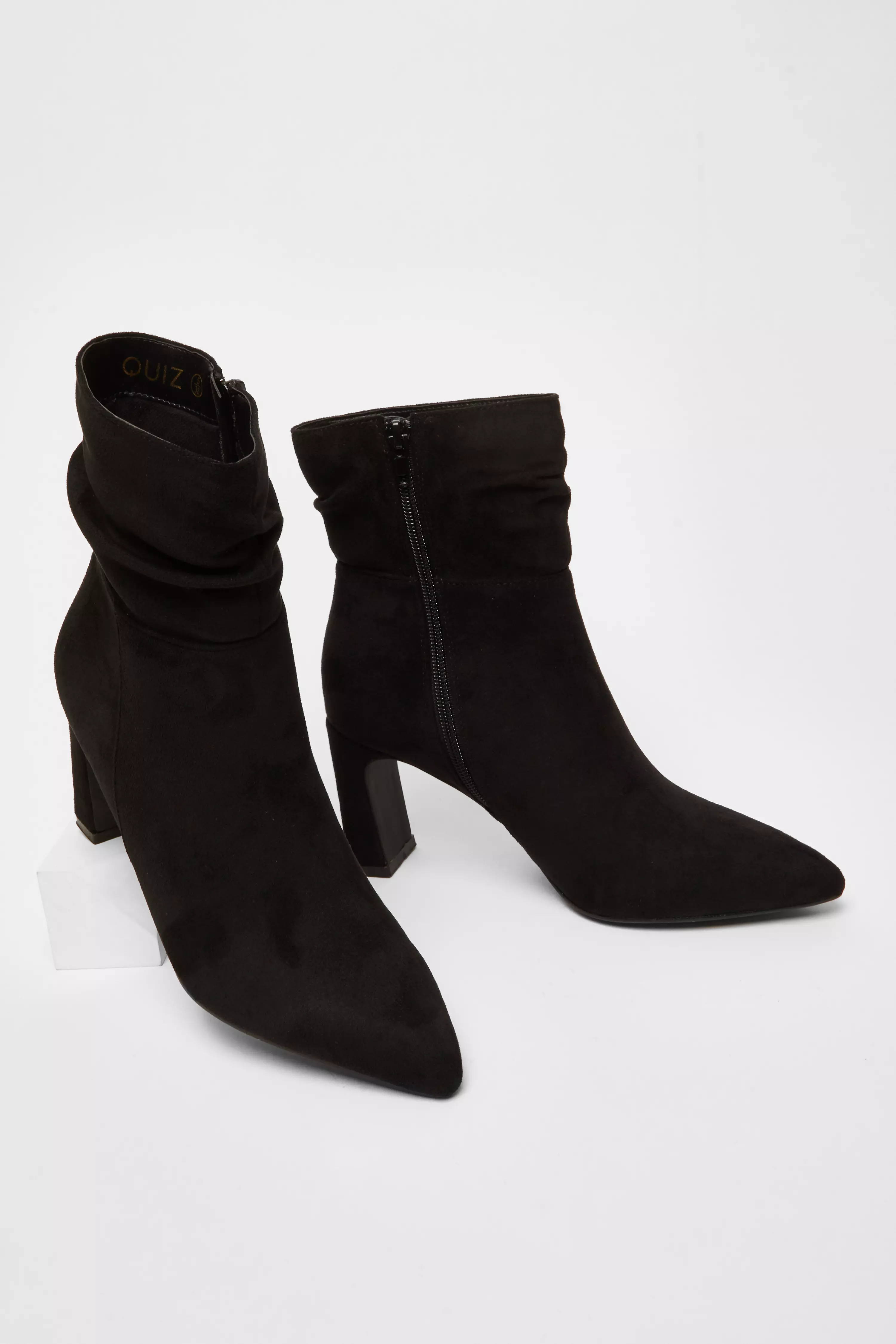 Black Faux Suede Ruched Ankle Boots