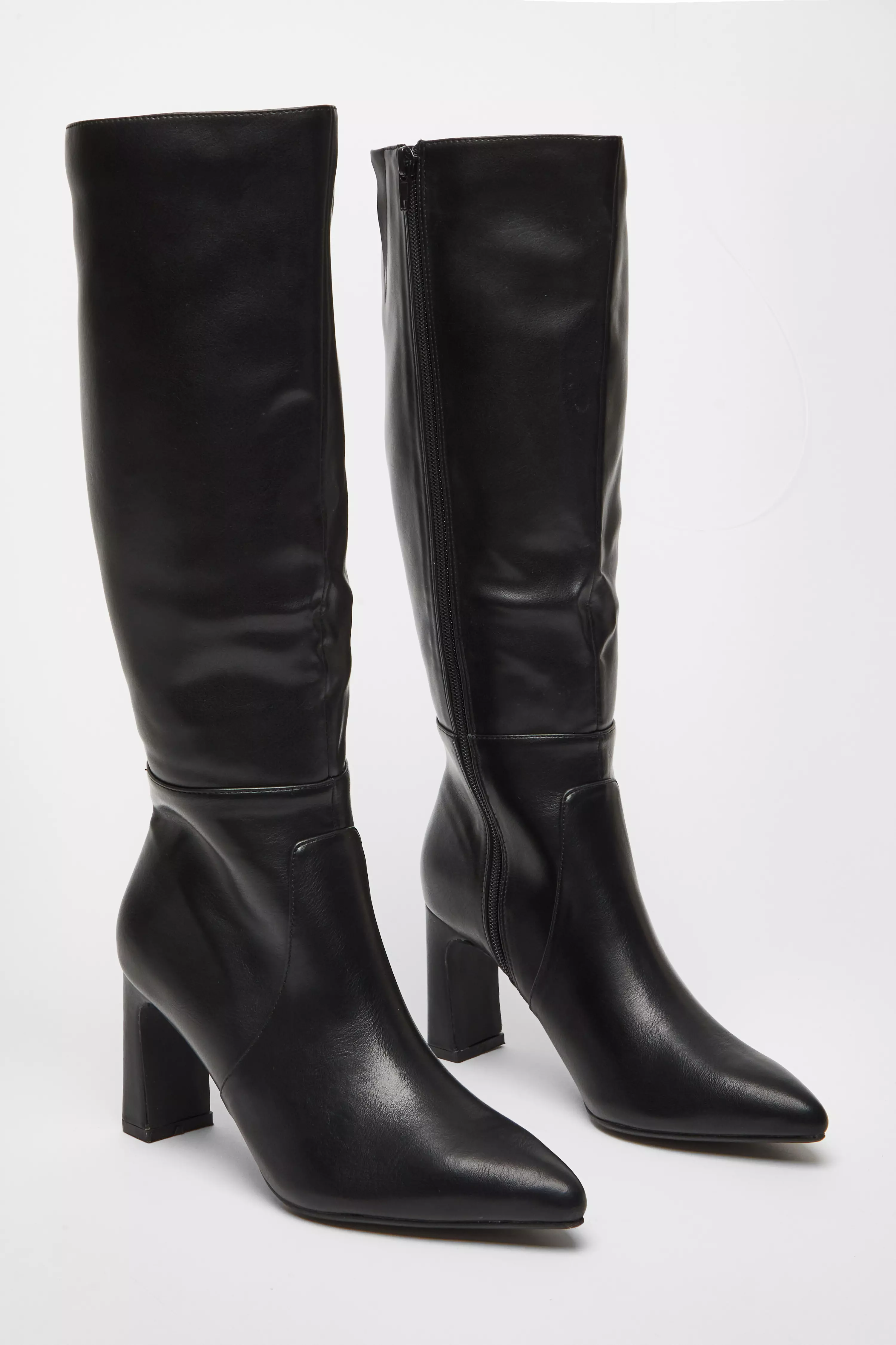 Black Faux Leather Knee High Boots