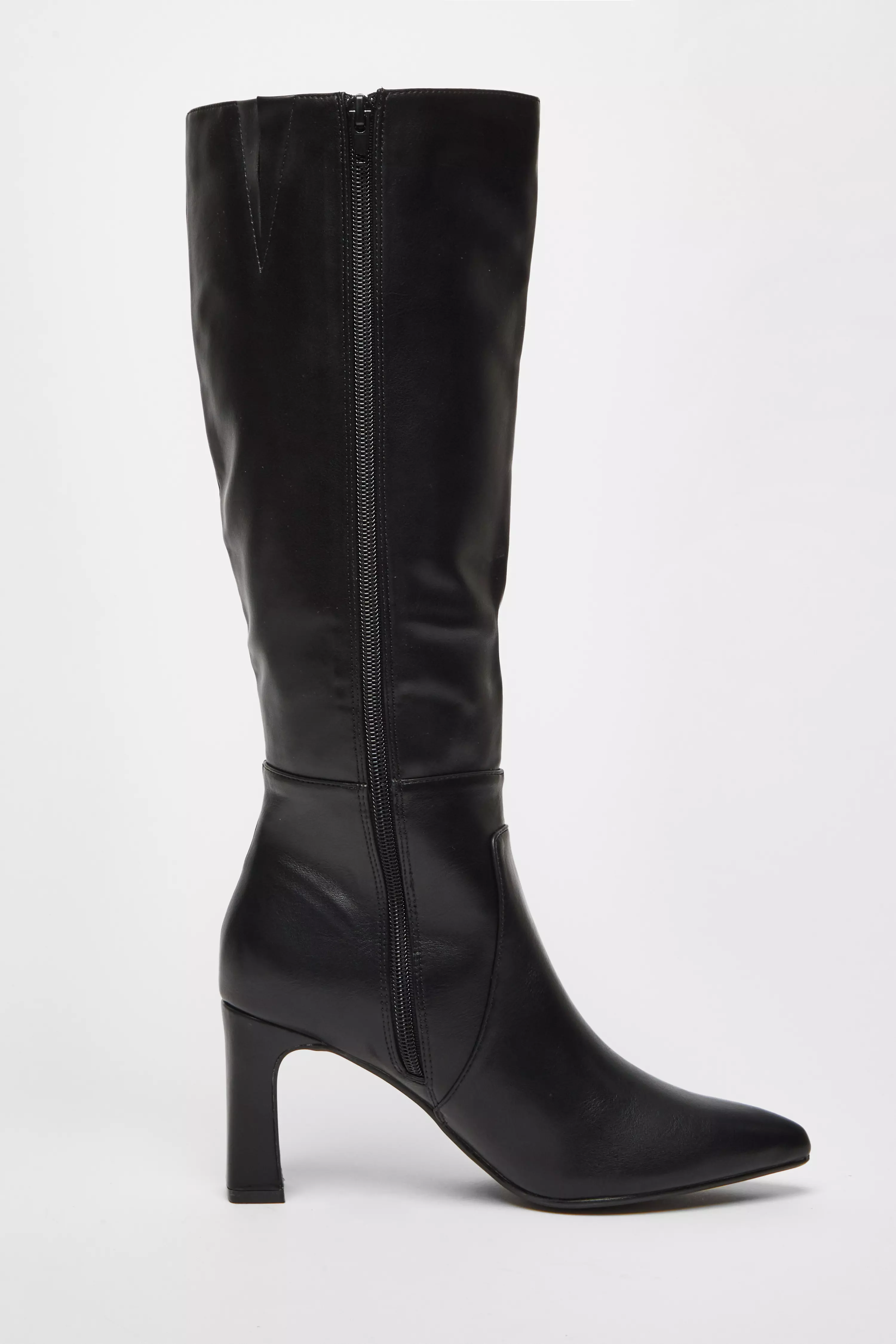 Black Faux Leather Knee High Boots