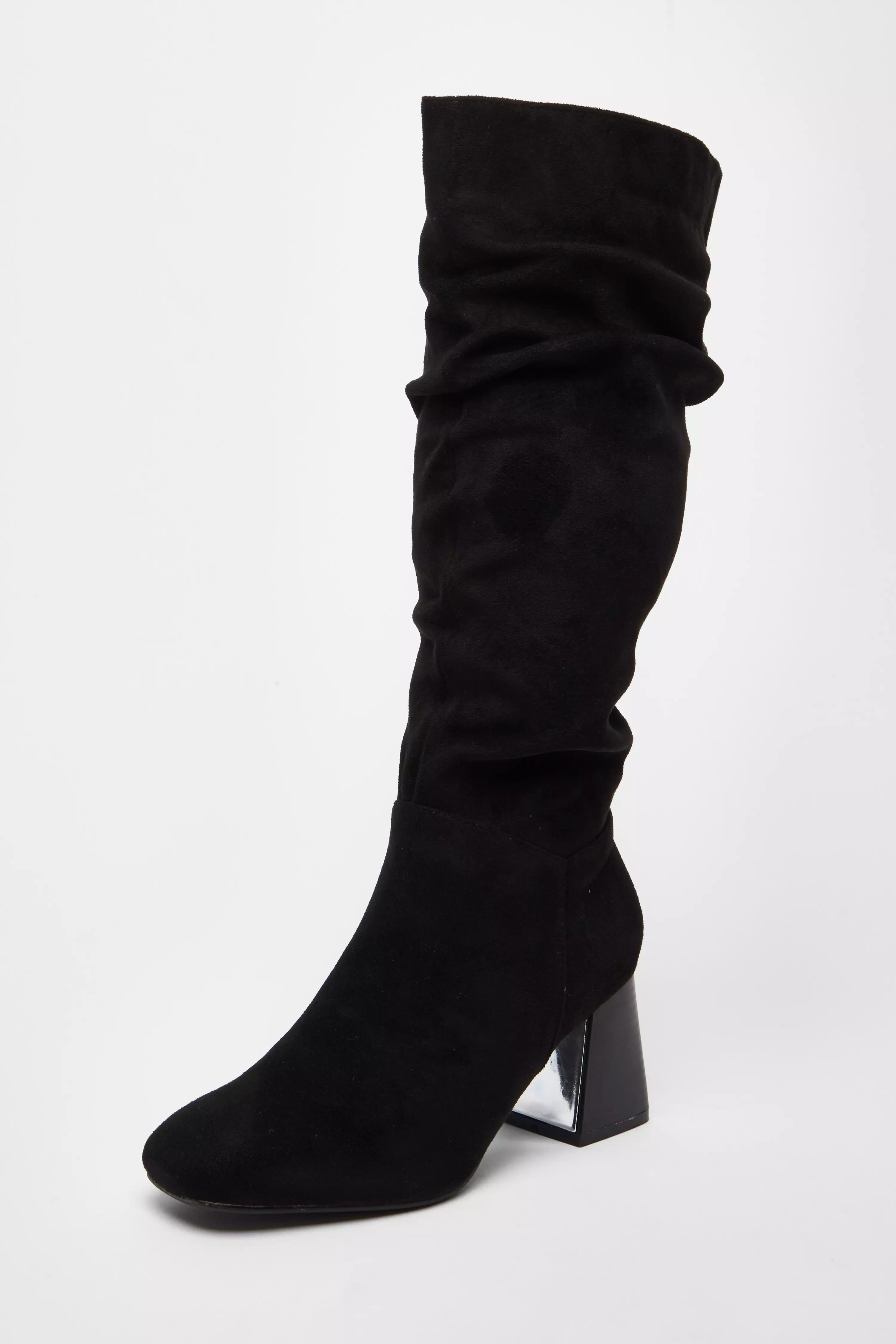 Wide Fit Black Knee High Faux Suede Block Heel Boots