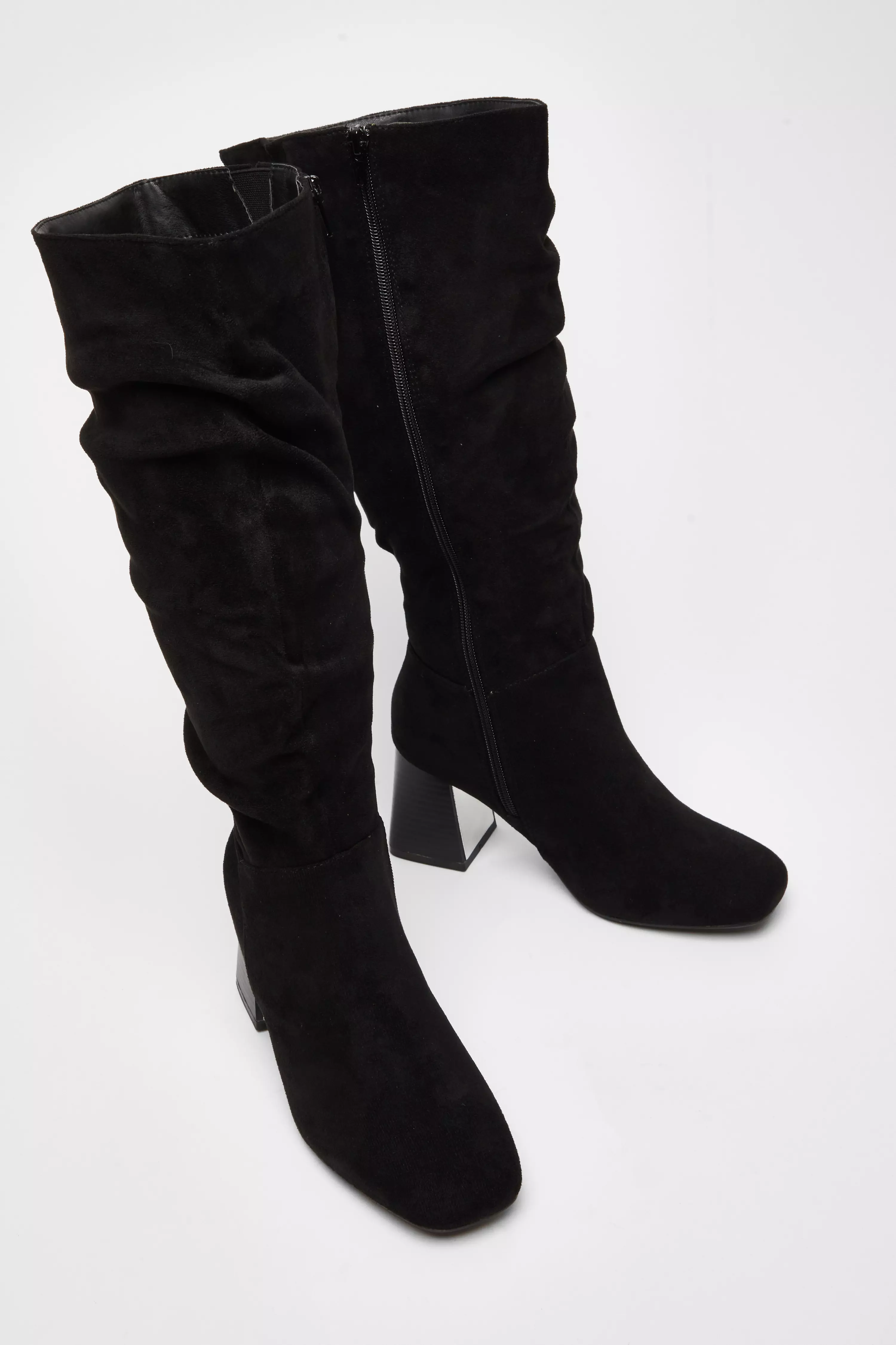 Wide Fit Black Knee High Faux Suede Block Heel Boots