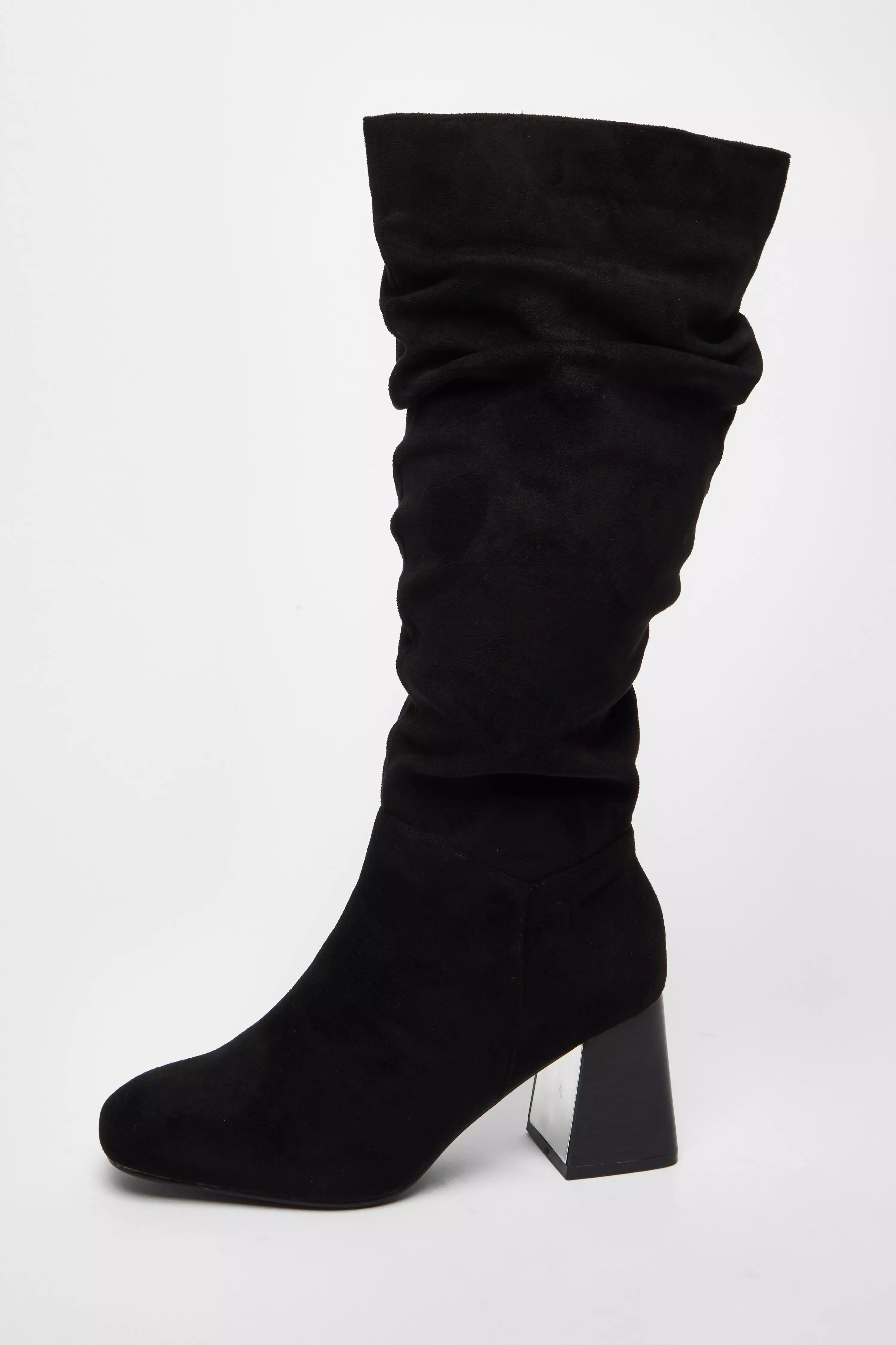 Wide Fit Black Knee High Faux Suede Block Heel Boots