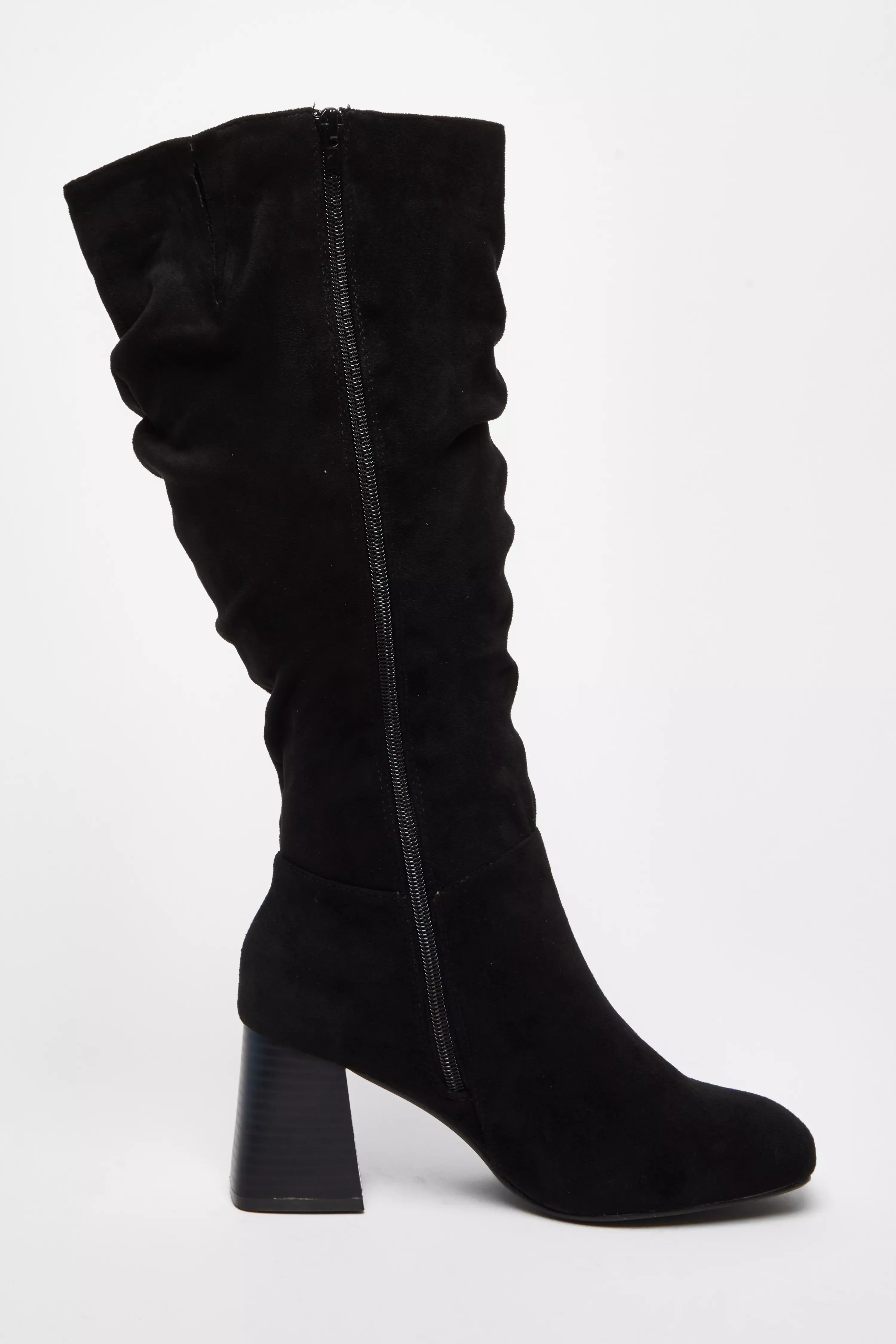 Wide Fit Black Knee High Faux Suede Block Heel Boots