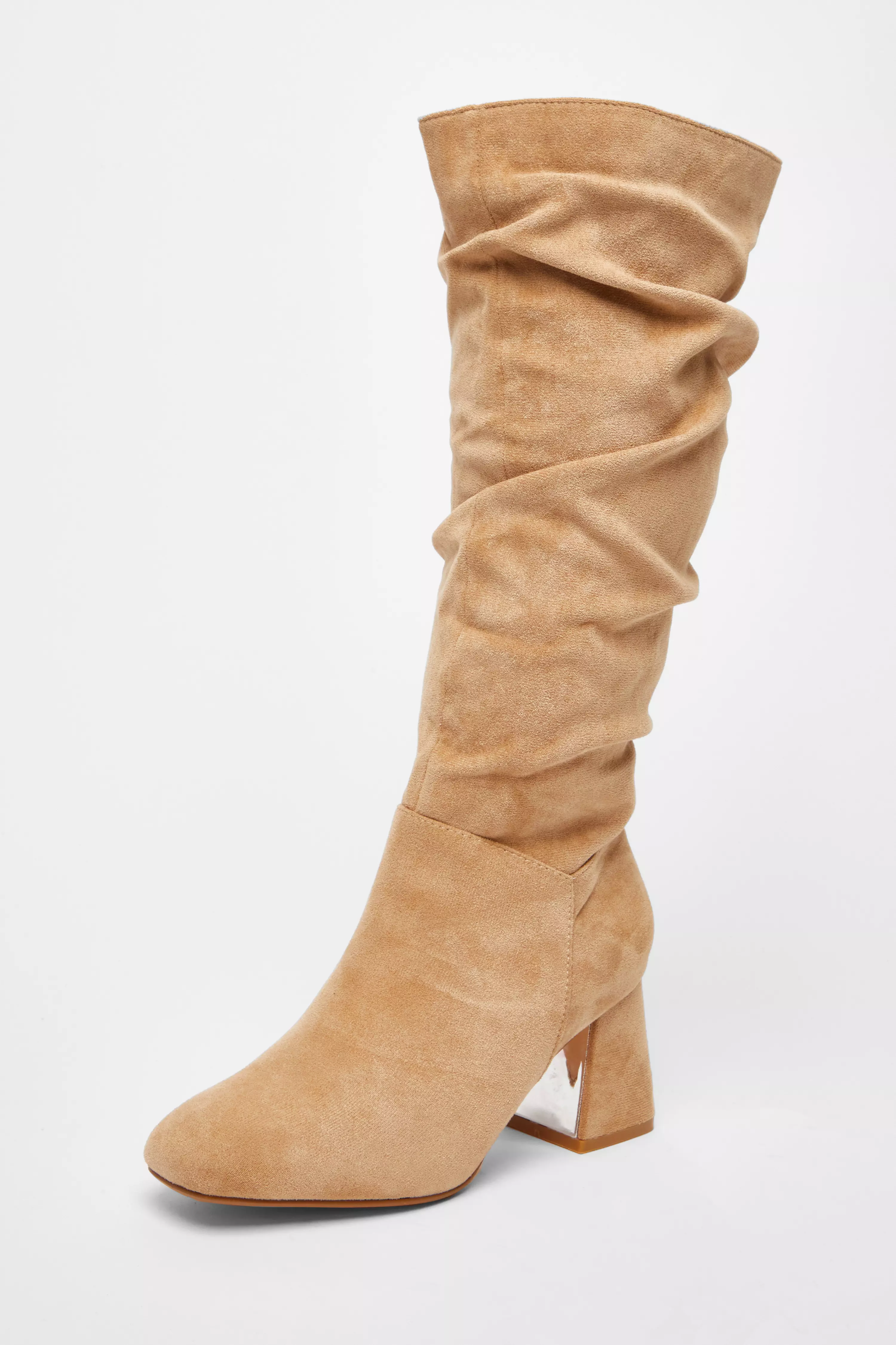 Wide Fit Taupe Knee High Faux Suede Block Heel Boots