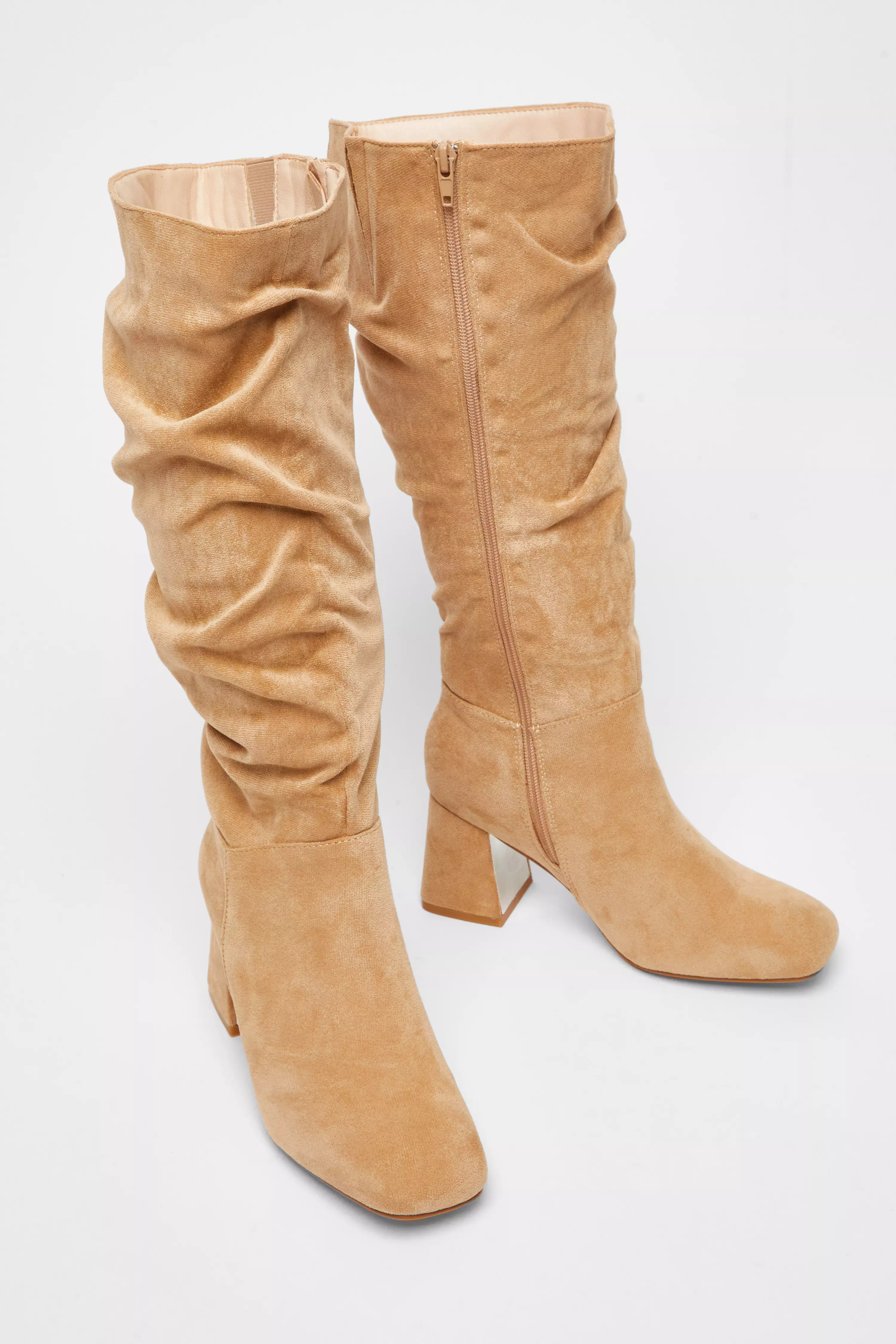 Wide Fit Taupe Knee High Faux Suede Block Heel Boots