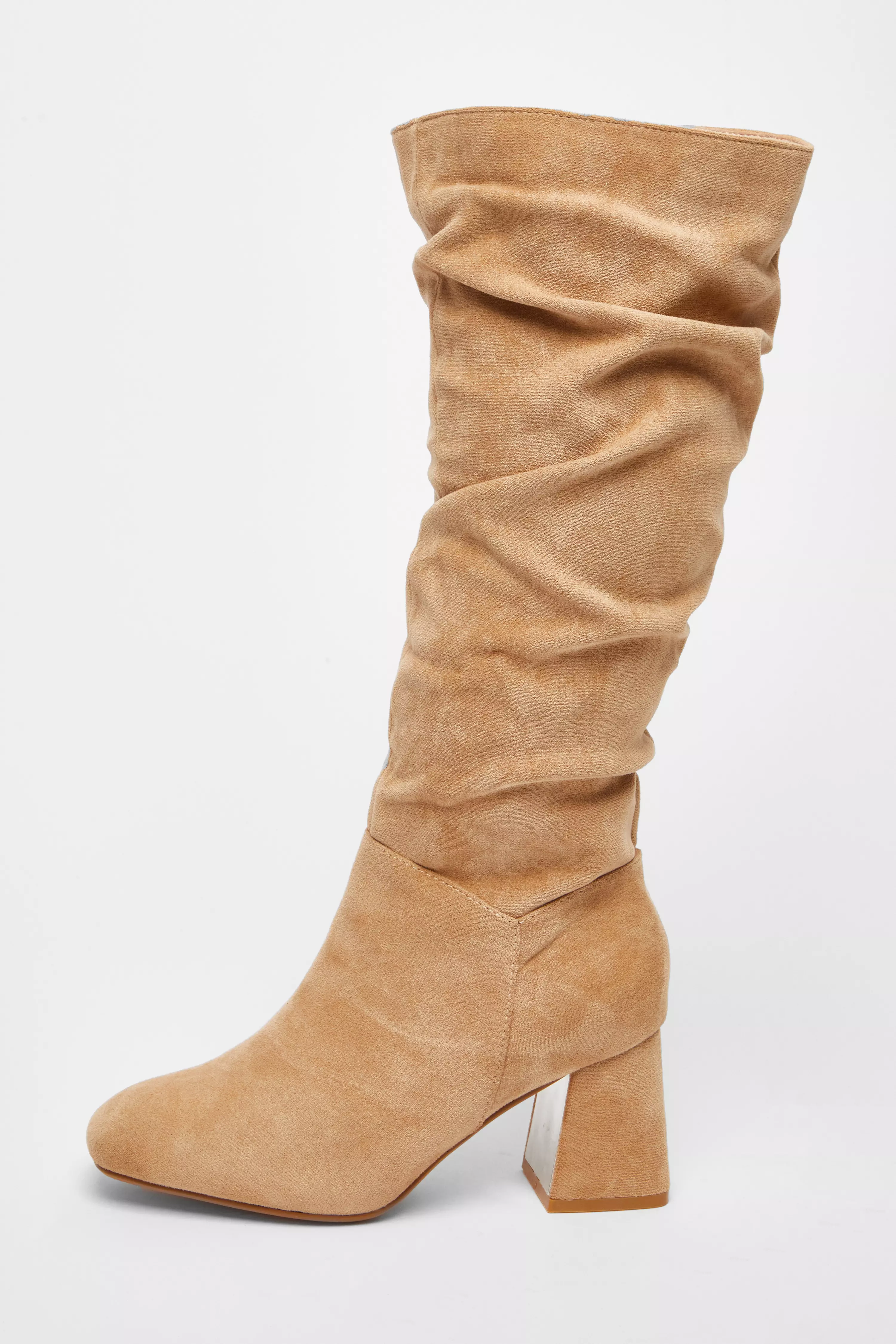 Wide Fit Taupe Knee High Faux Suede Block Heel Boots