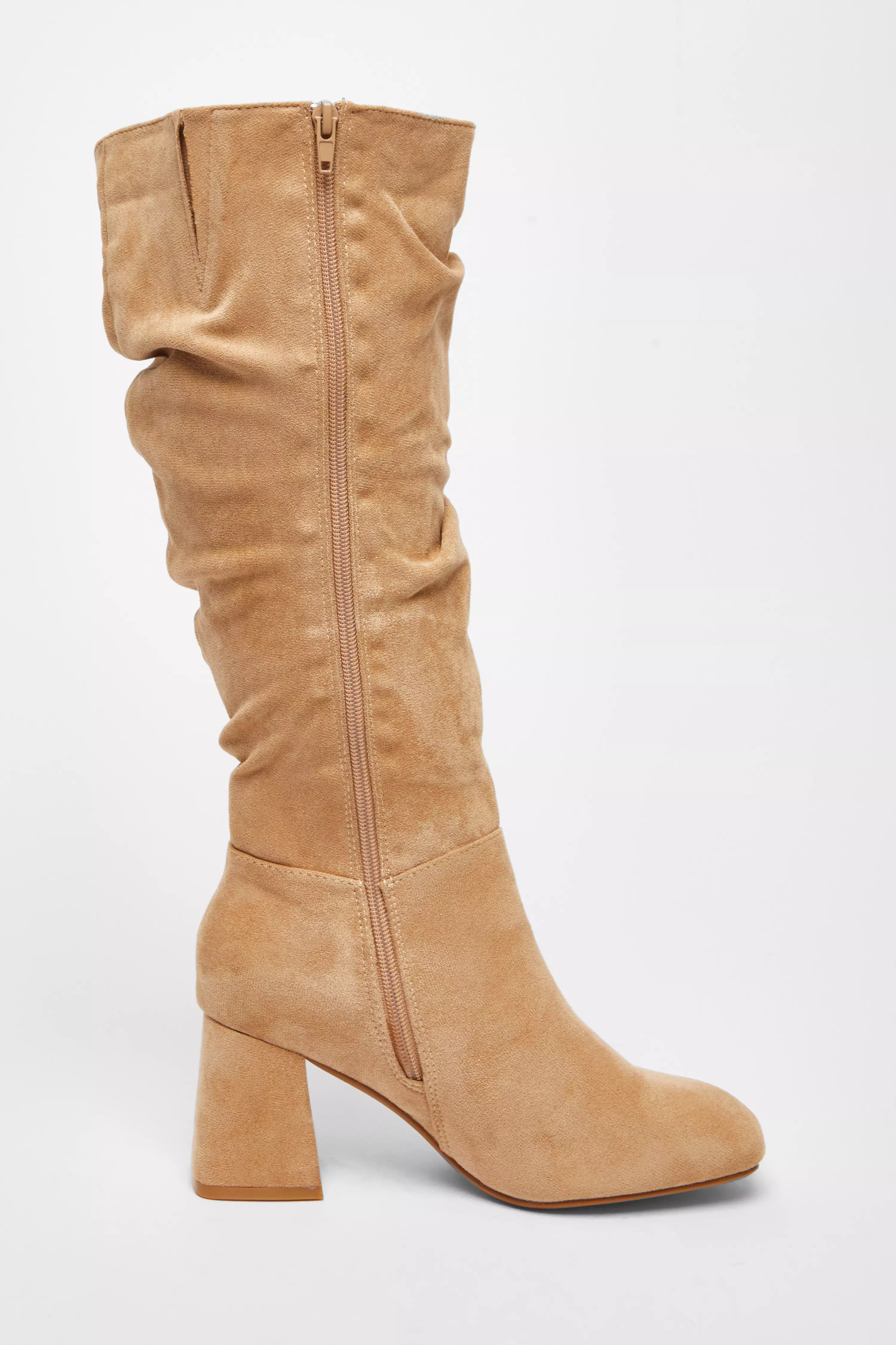 Wide Fit Taupe Knee High Faux Suede Block Heel Boots