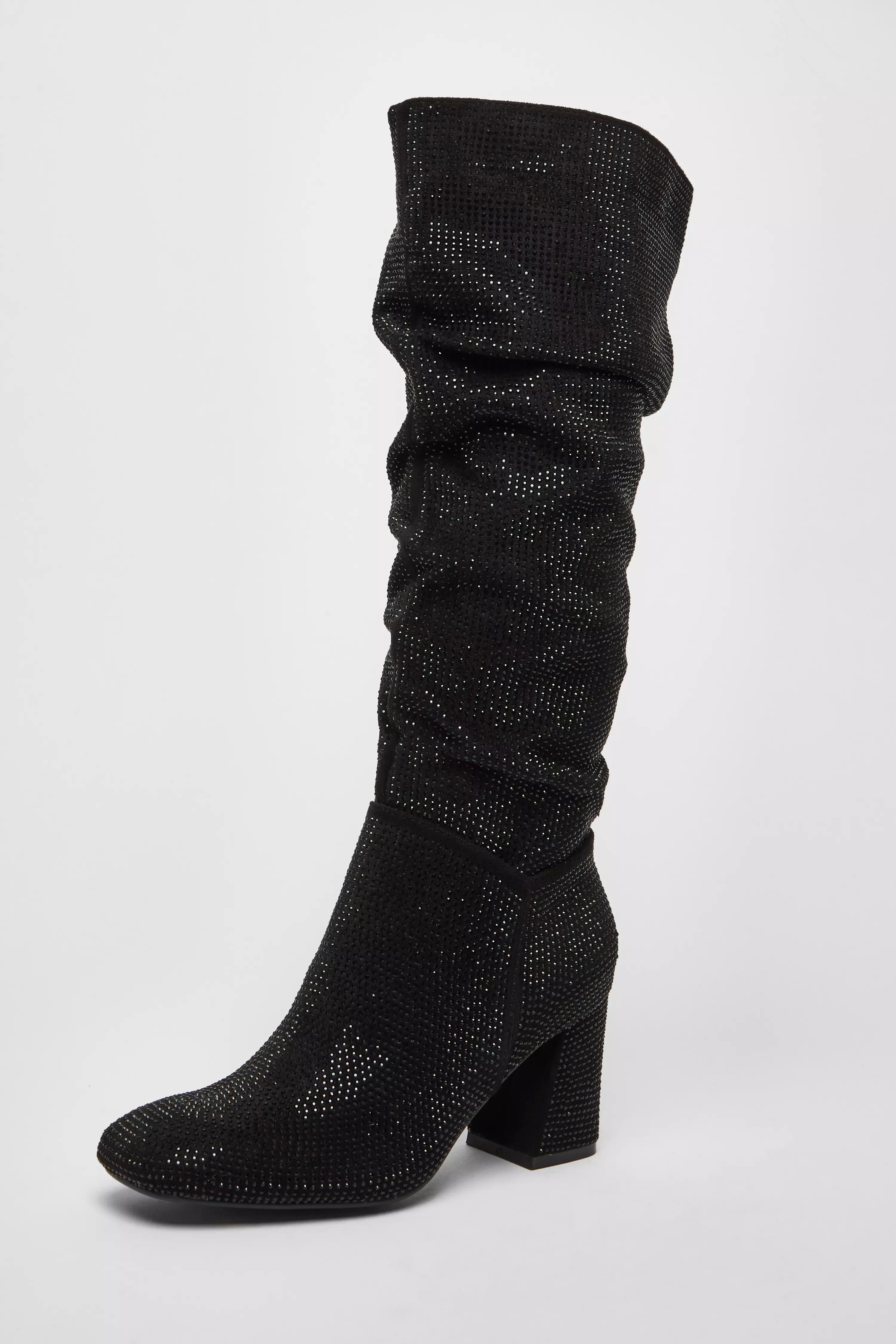 Black Diamante Knee High Boot