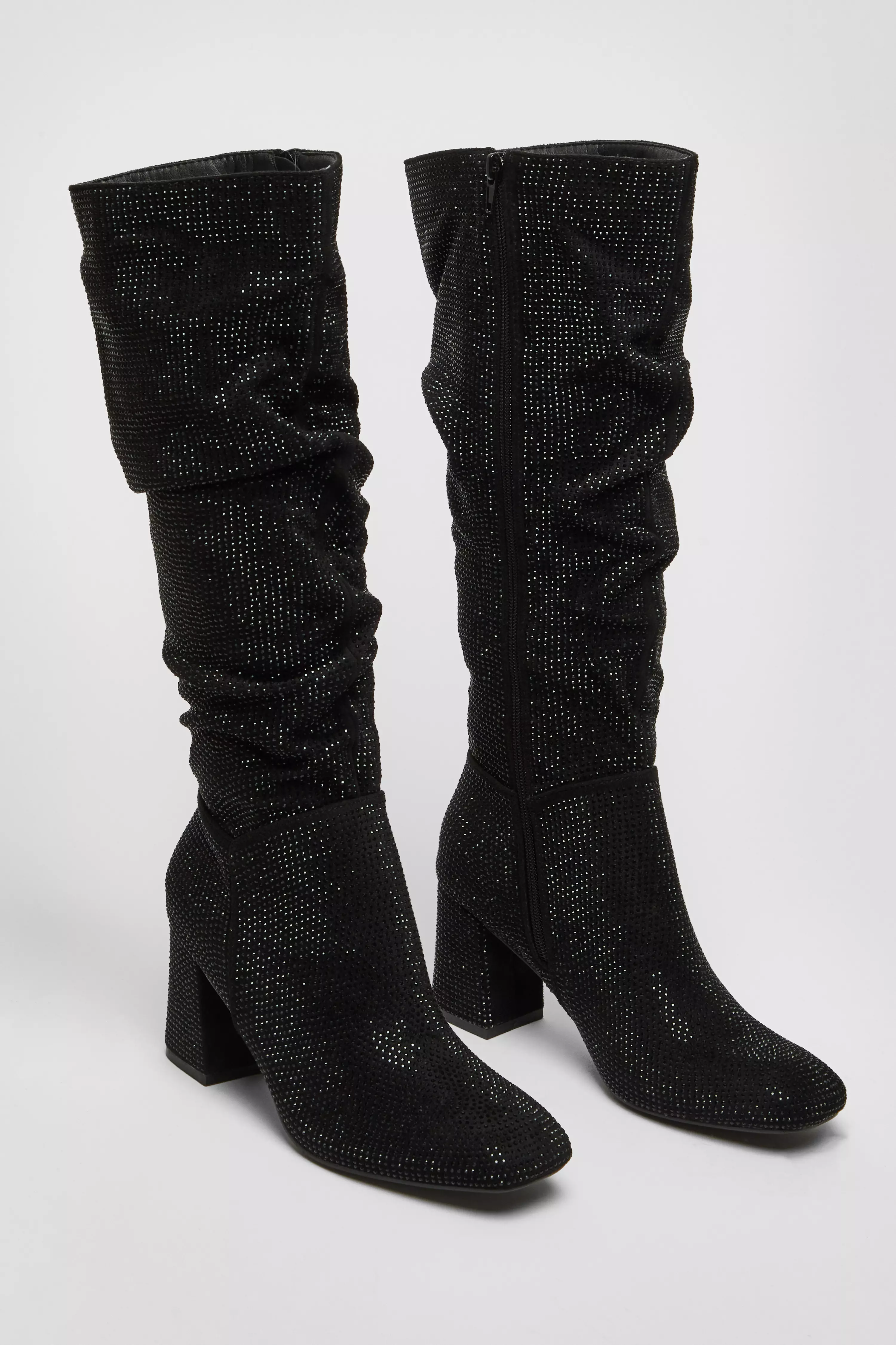 Black Diamante Knee High Boot