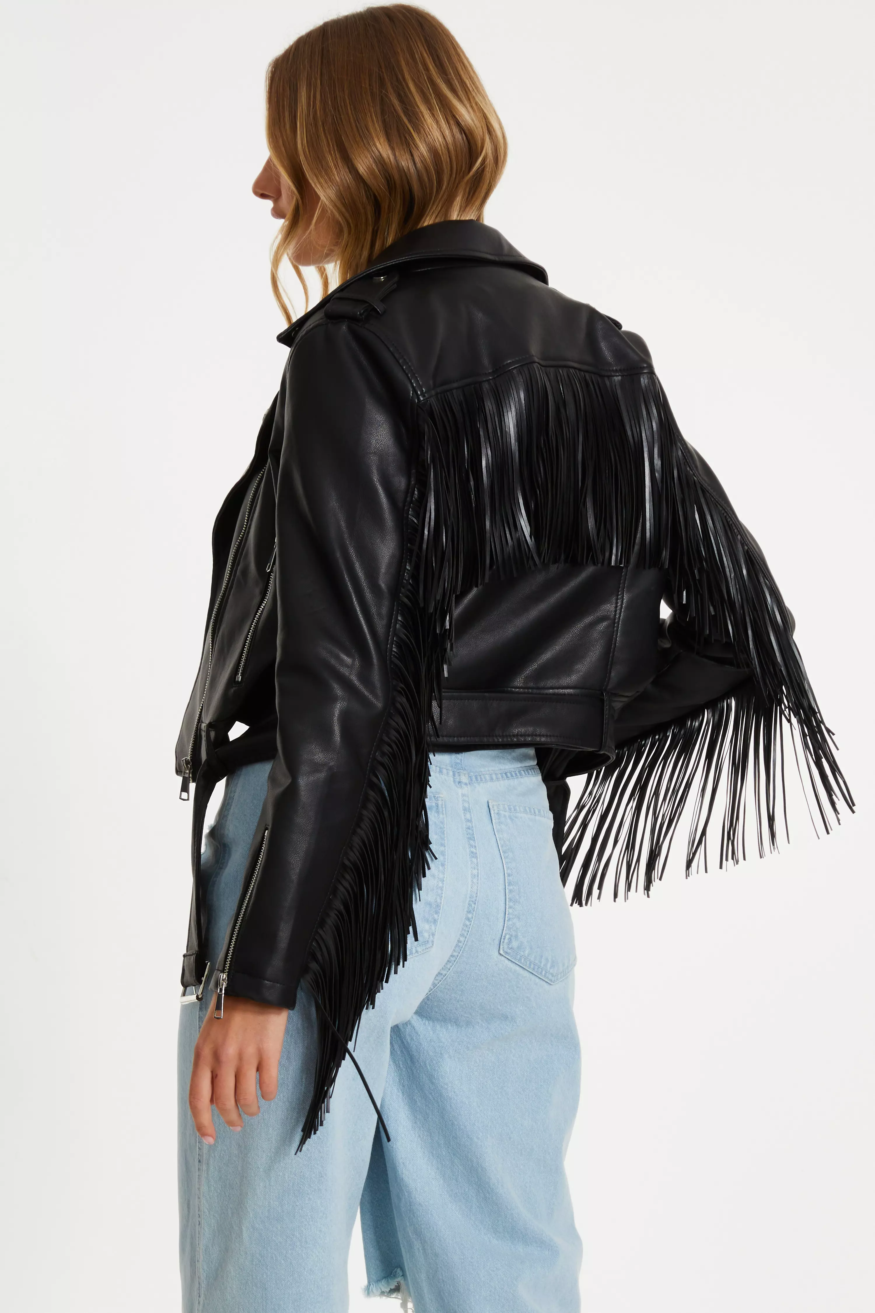 Black Faux Leather Fringe Biker Jacket