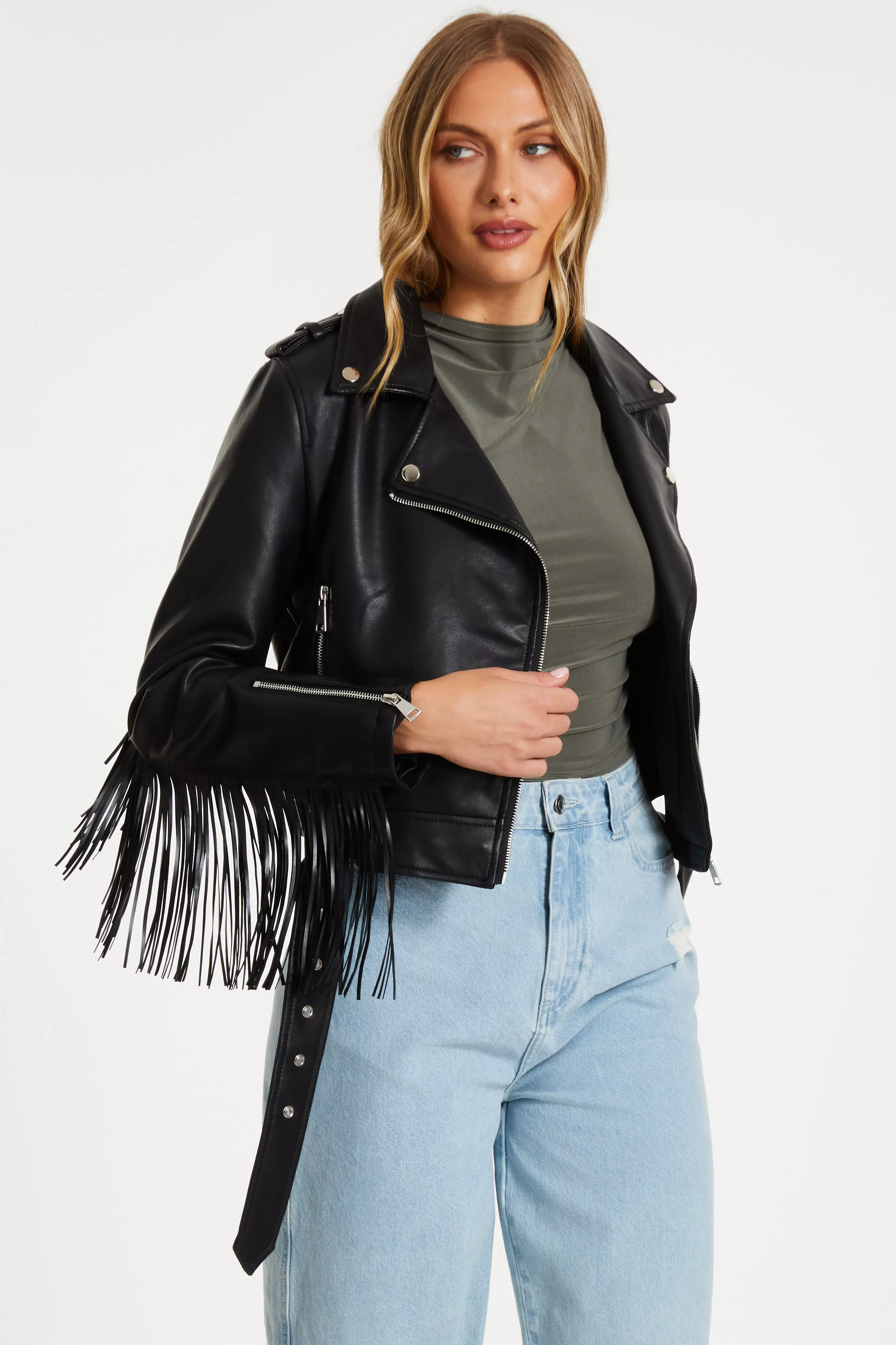 Black Faux Leather Fringe Biker Jacket