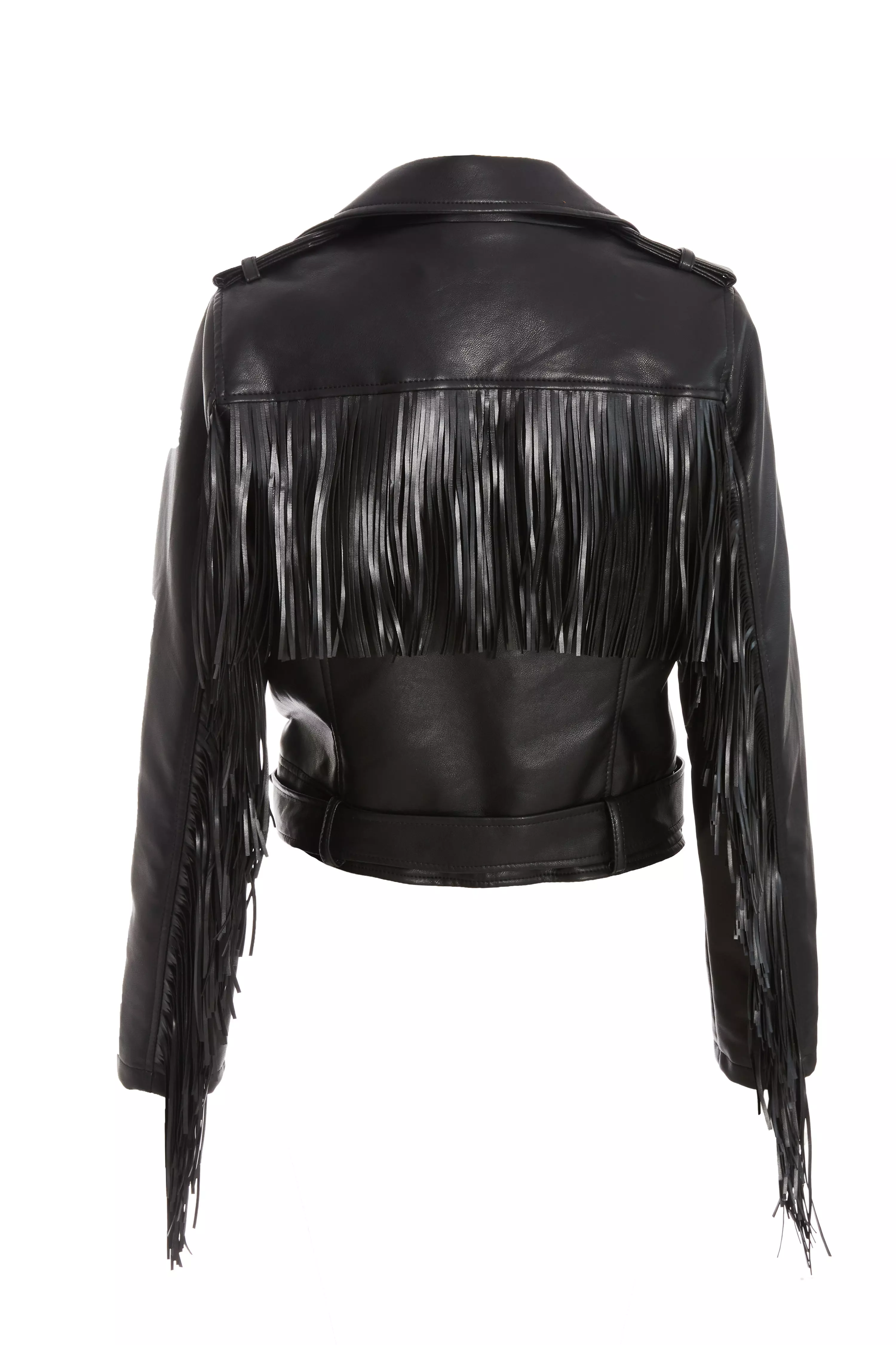 Black Faux Leather Fringe Biker Jacket