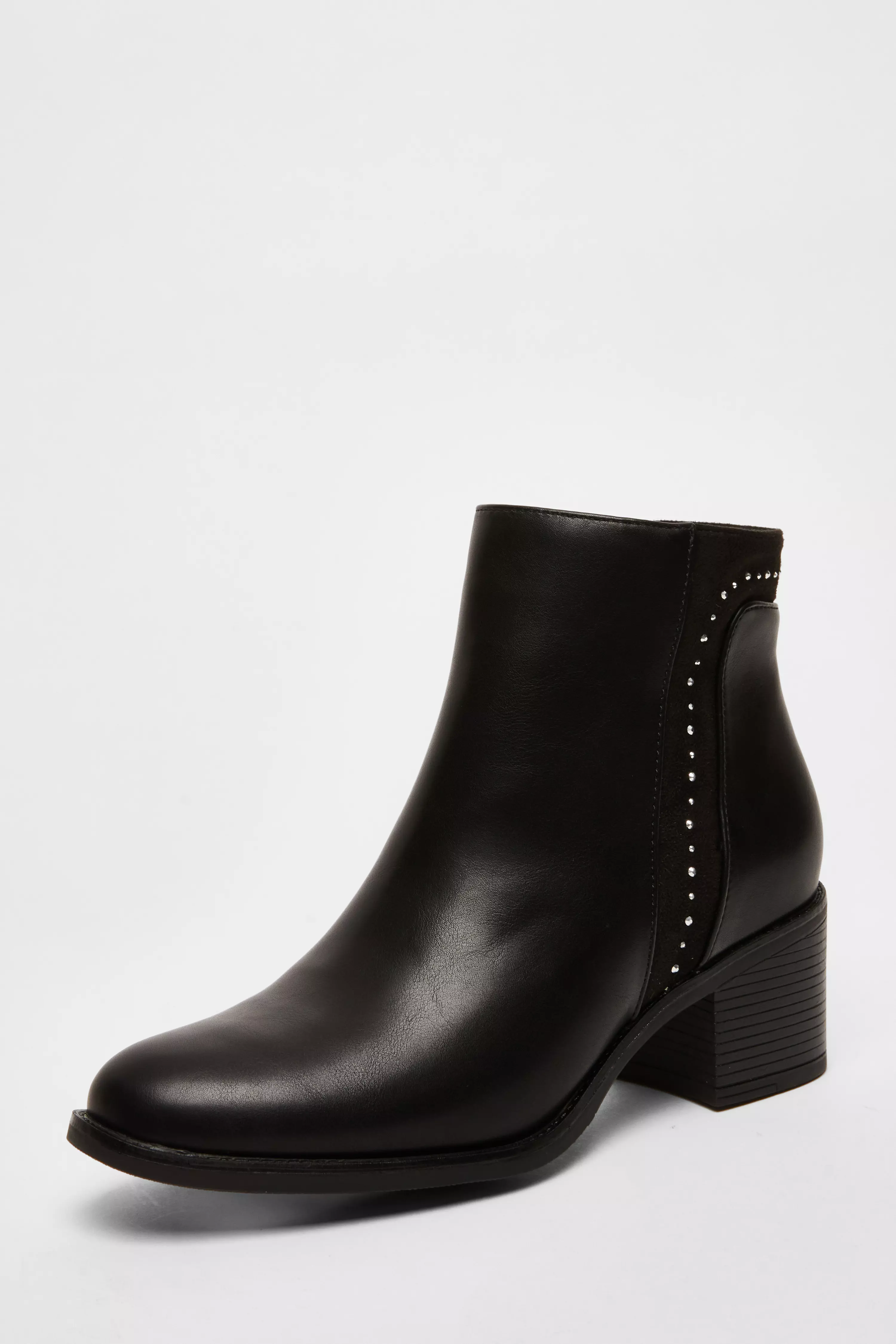 Black Faux Leather Embellished Ankle Boot