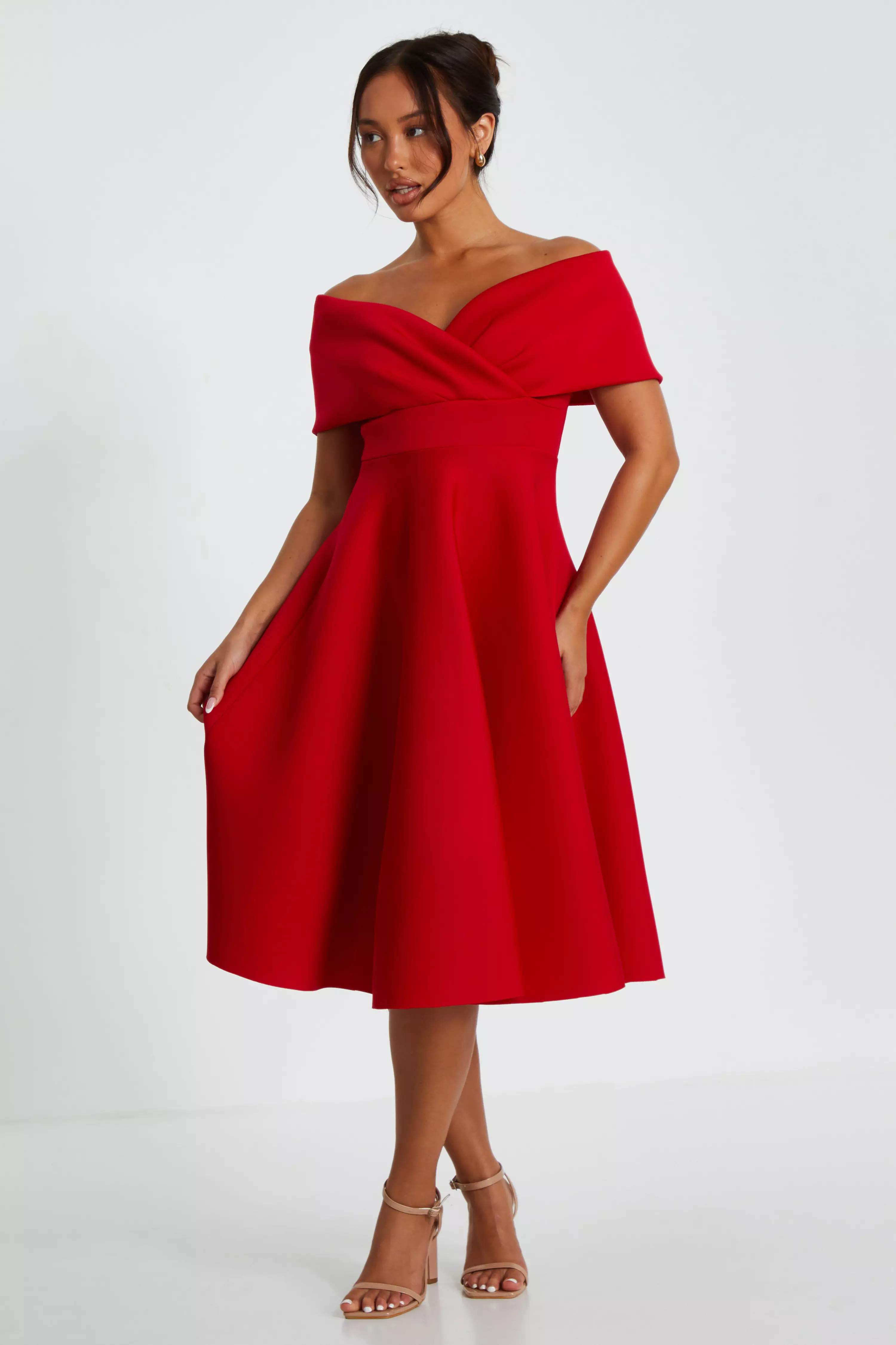 Petite Red Bardot Skater Midi Dress